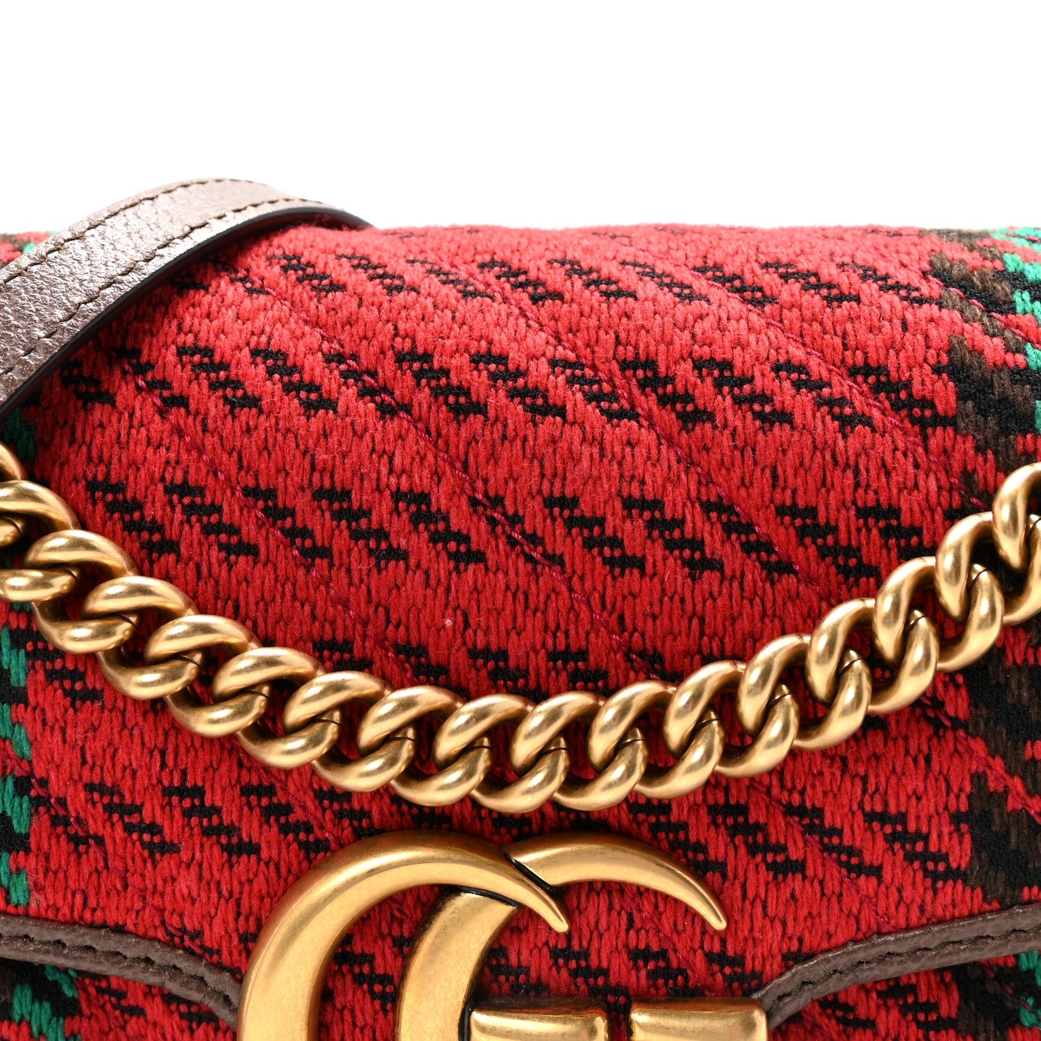 Wool Tweed Textured Dollar Calfskin Matelasse Diagonal Plaid Small GG Marmont Shoulder Bag Red Green Multicolor New Acero
