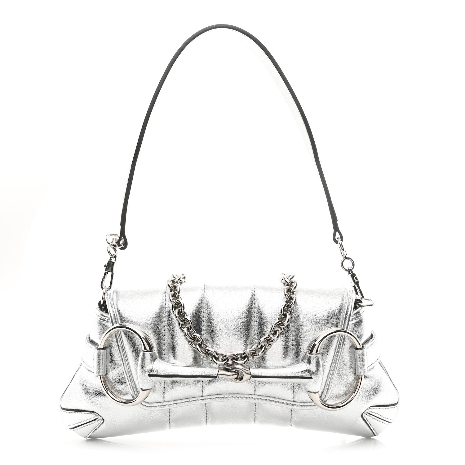 Metallic Nappa Vertical Matelasse Small Maxi Horsebit Chain Shoulder Bag Silver