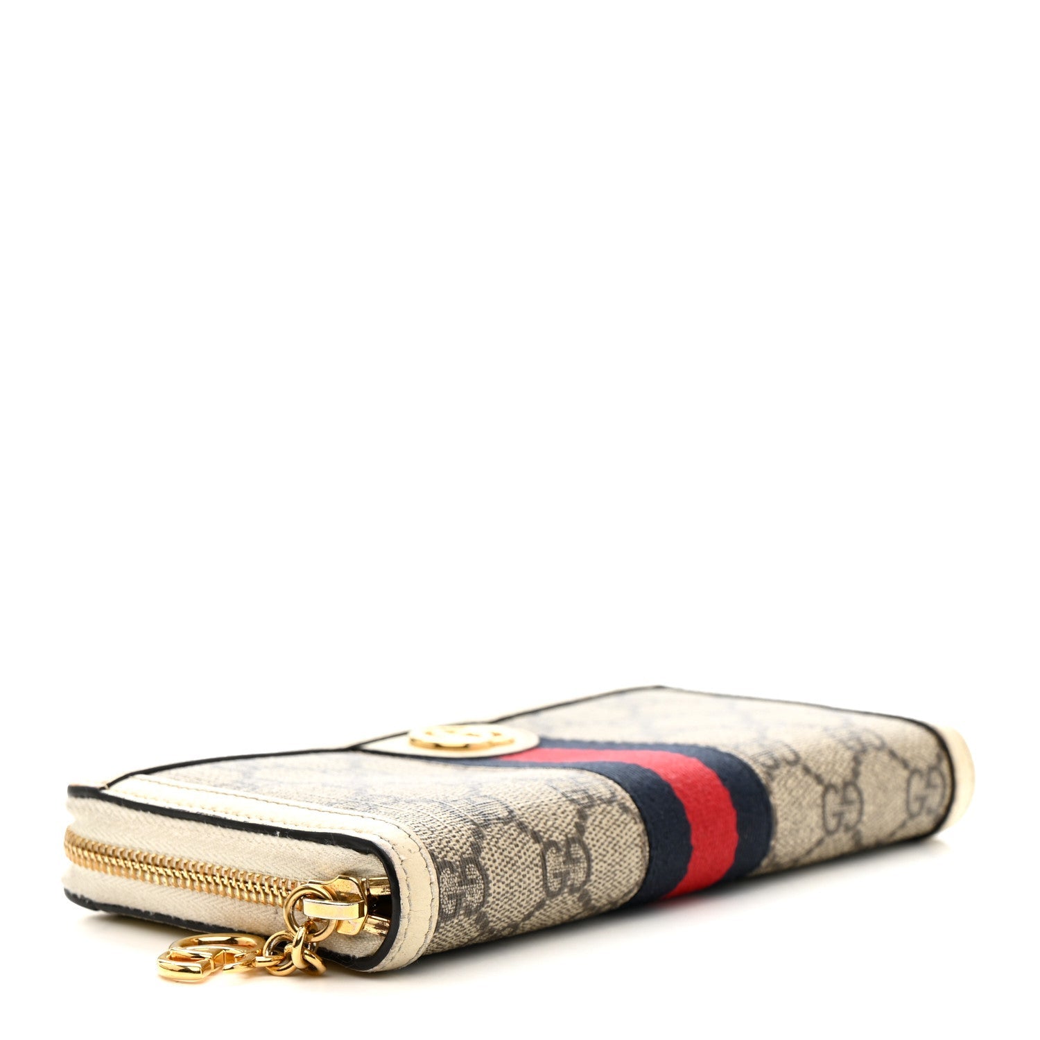 GG Supreme Monogram Textured Dollar Calfskin Web Ophidia Zip Around Wallet Beige Ebony Mystic White
