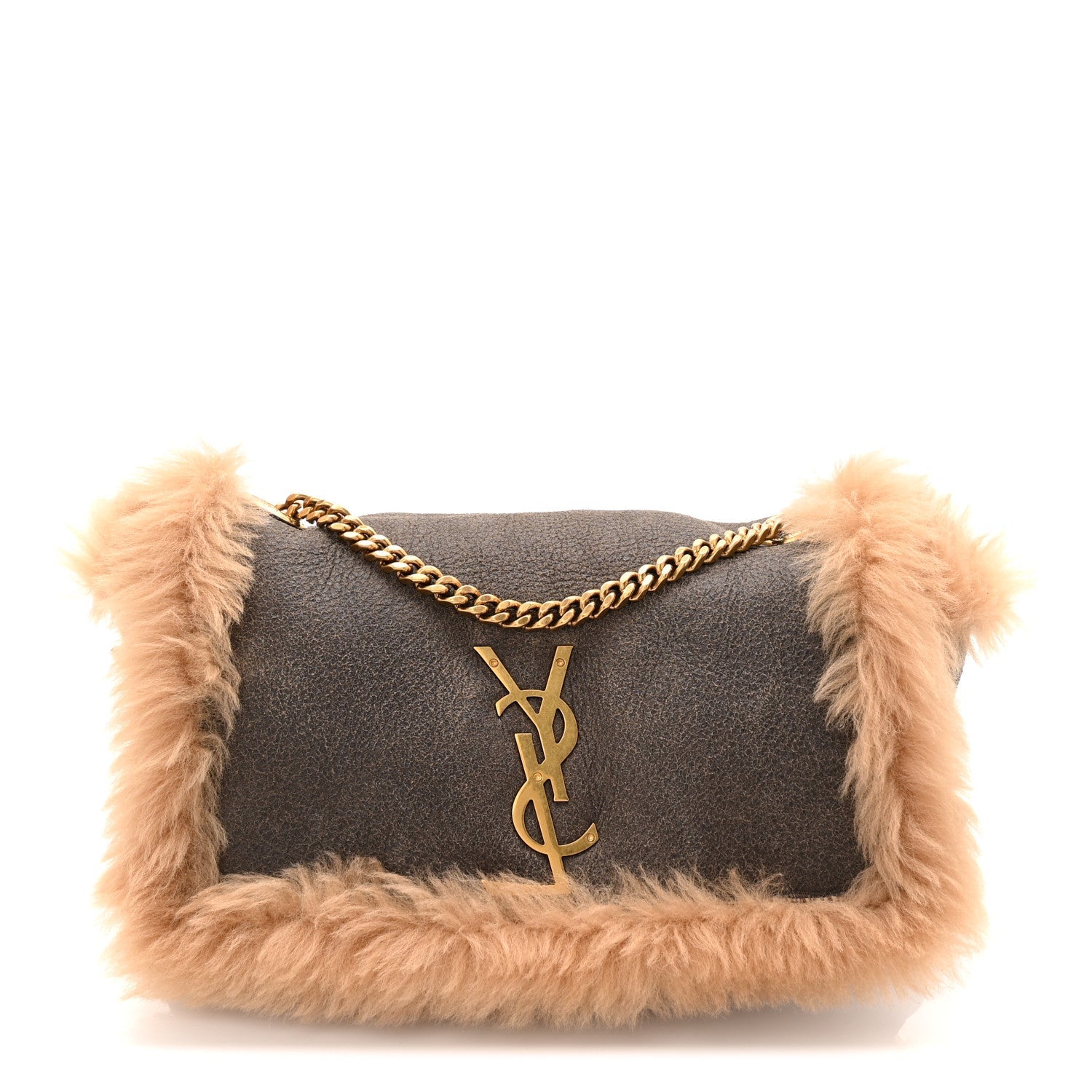 Shearling Calfskin Small Reversible Monogram Kate Satchel Ecru Dark Brown