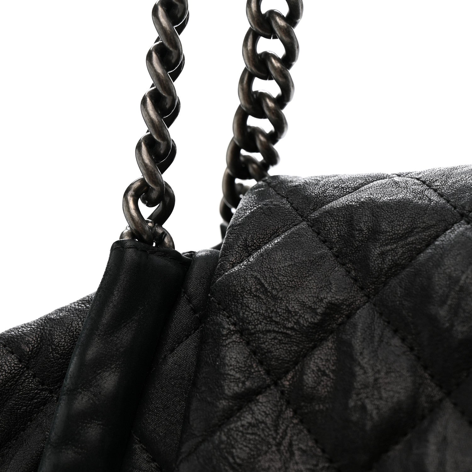 Crumpled Calfskin Iridescent Calfskin Hidden Chain Large Quilted Shopping Tote Black