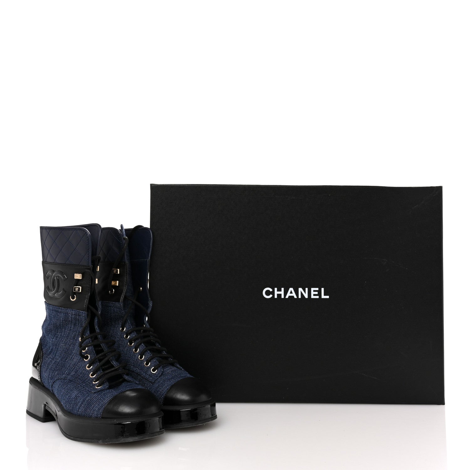 Fabric Patent Lambskin Quilted CC Lace Up Combat Boots 37 Navy Blue Black