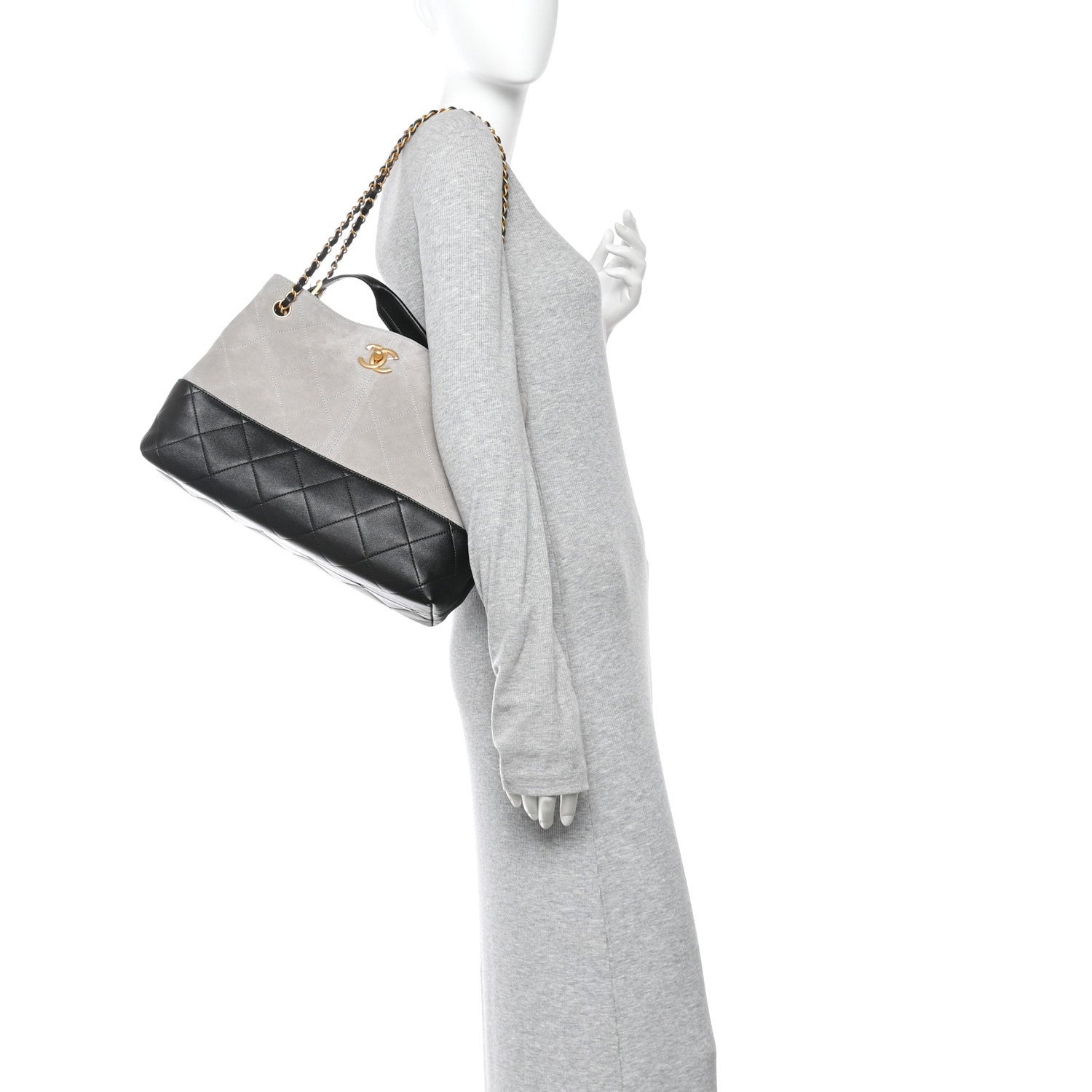 Suede Calfskin Shiny Lambskin Quilted Small Coco Base Shopping Bag Grey Black