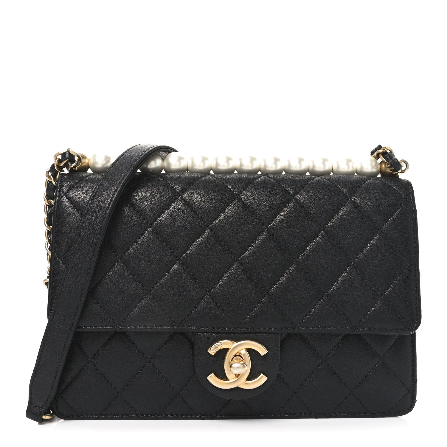 Goatskin Quilted Small Chic Pearls Flap Black