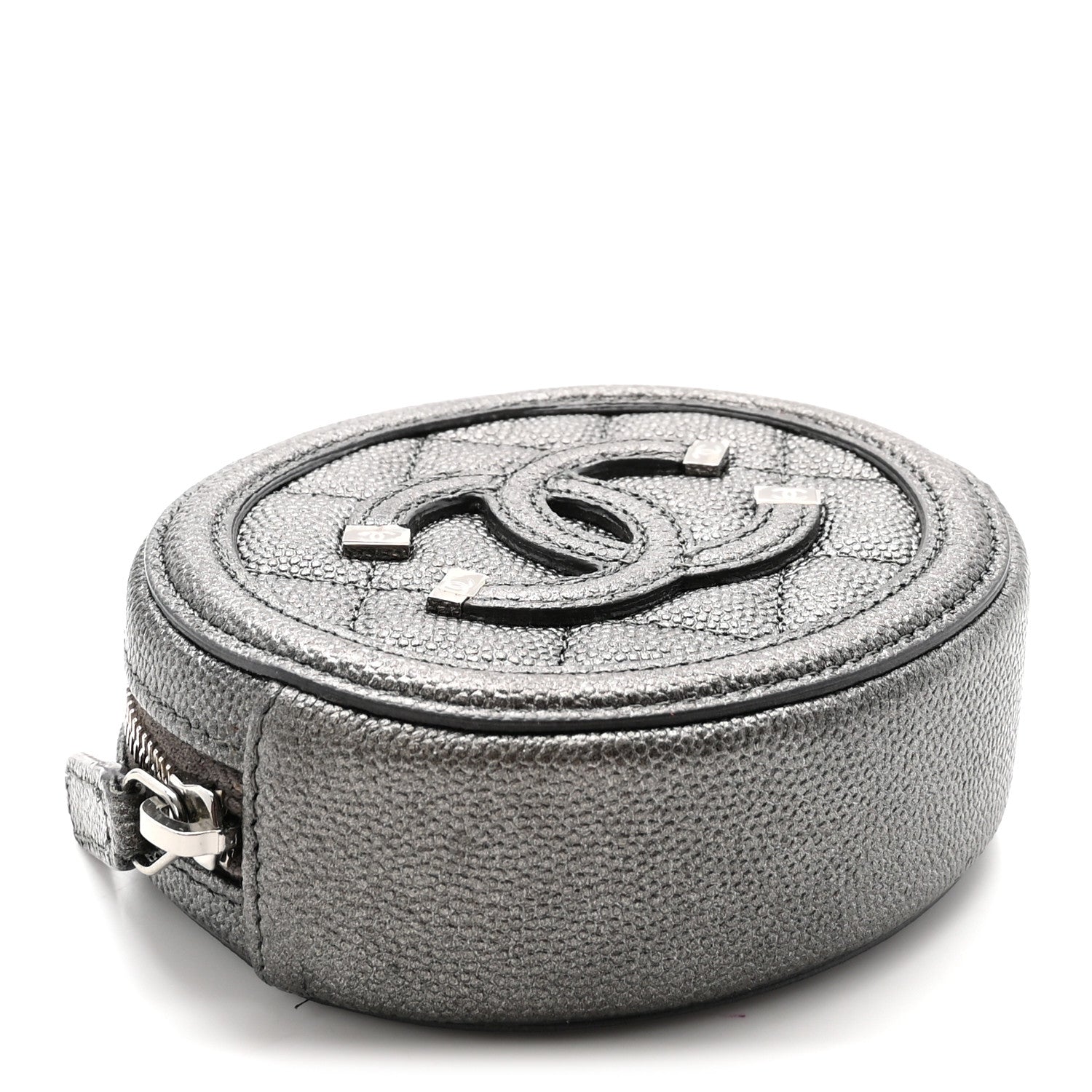 Metallic Caviar Quilted Filigree Zip Around Classic Coin Purse Dark Silver