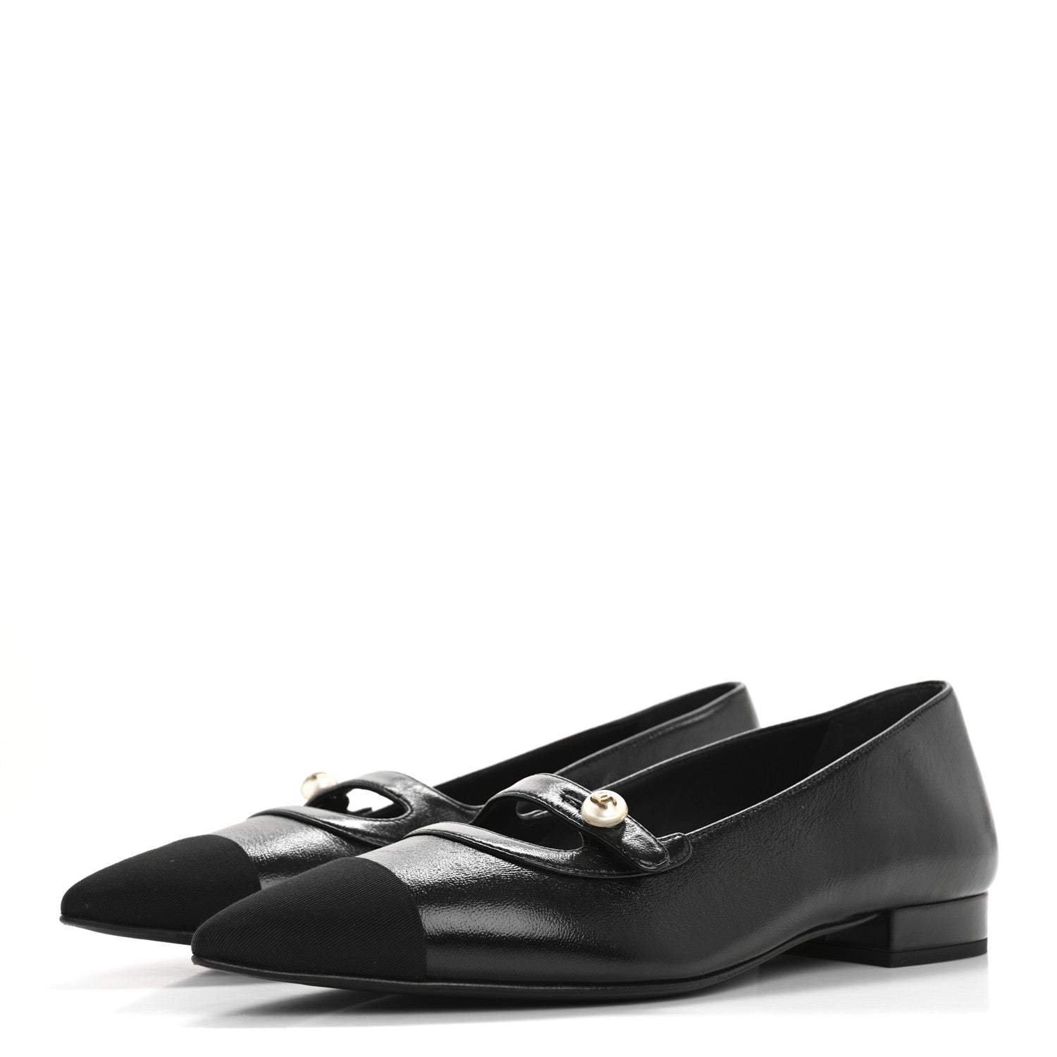 Shiny Lambskin Grosgrain Pearl Mary Jane Flats 37 Black