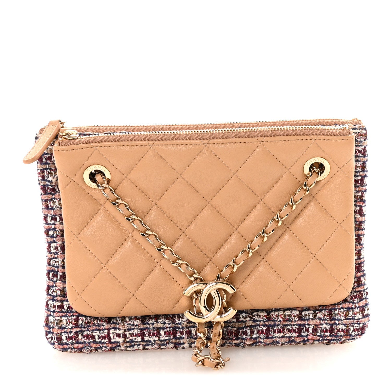 Tweed Lambskin Quilted Pouch Beige Multicolor