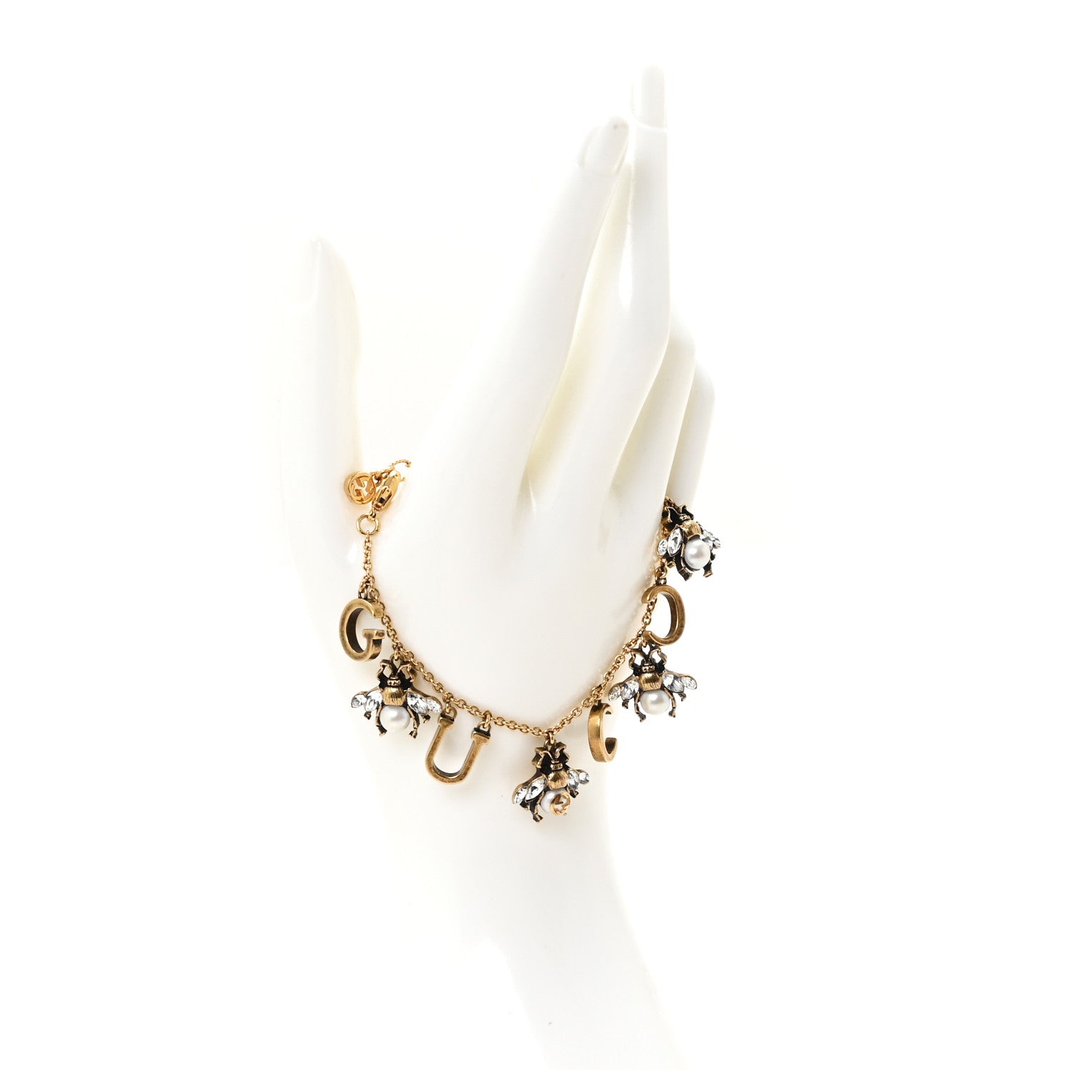 Crystal Pearl Bee Logo Charm Bracelet Aged Gold
