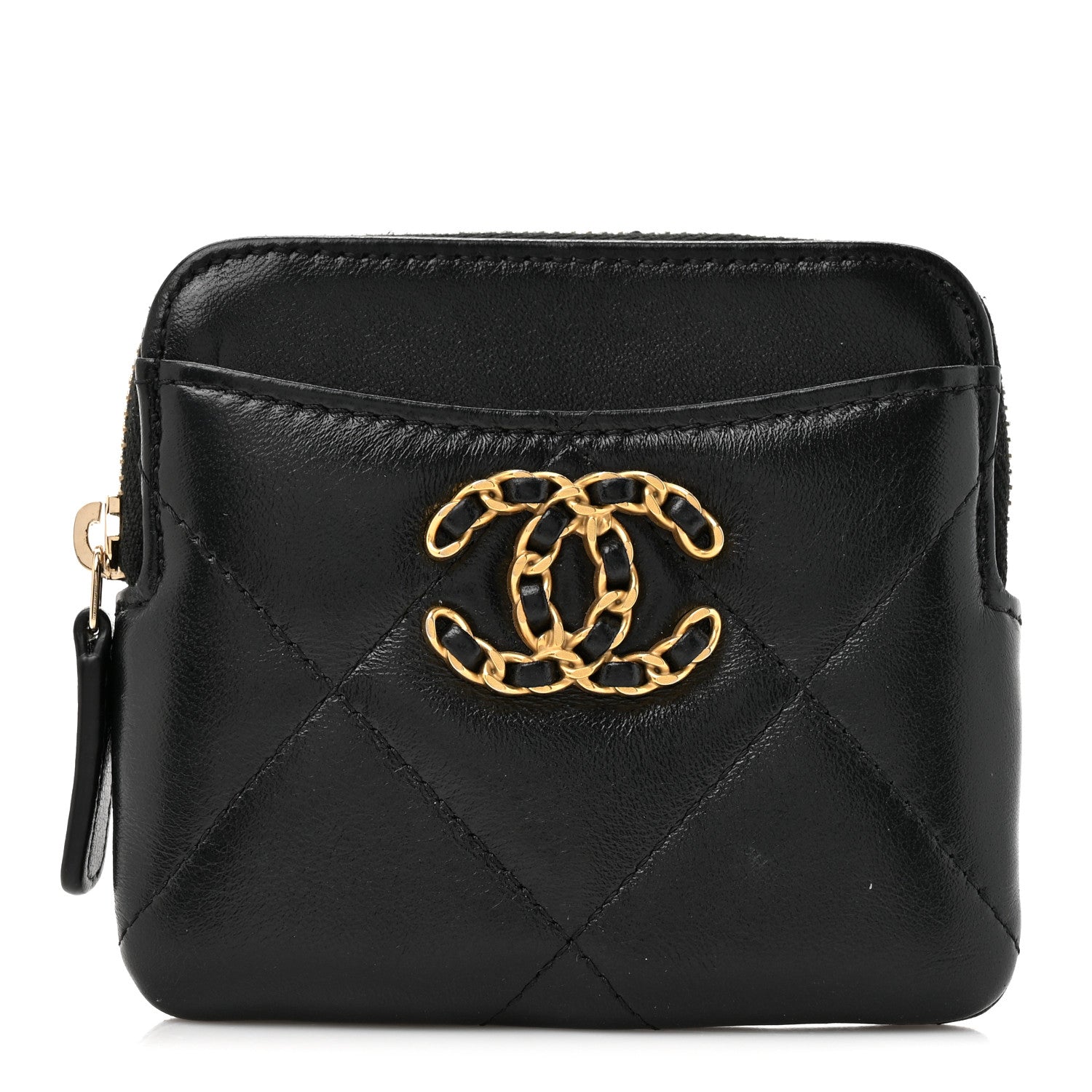 Lambskin Quilted Chanel 19 Zip Card Holder Wallet Black