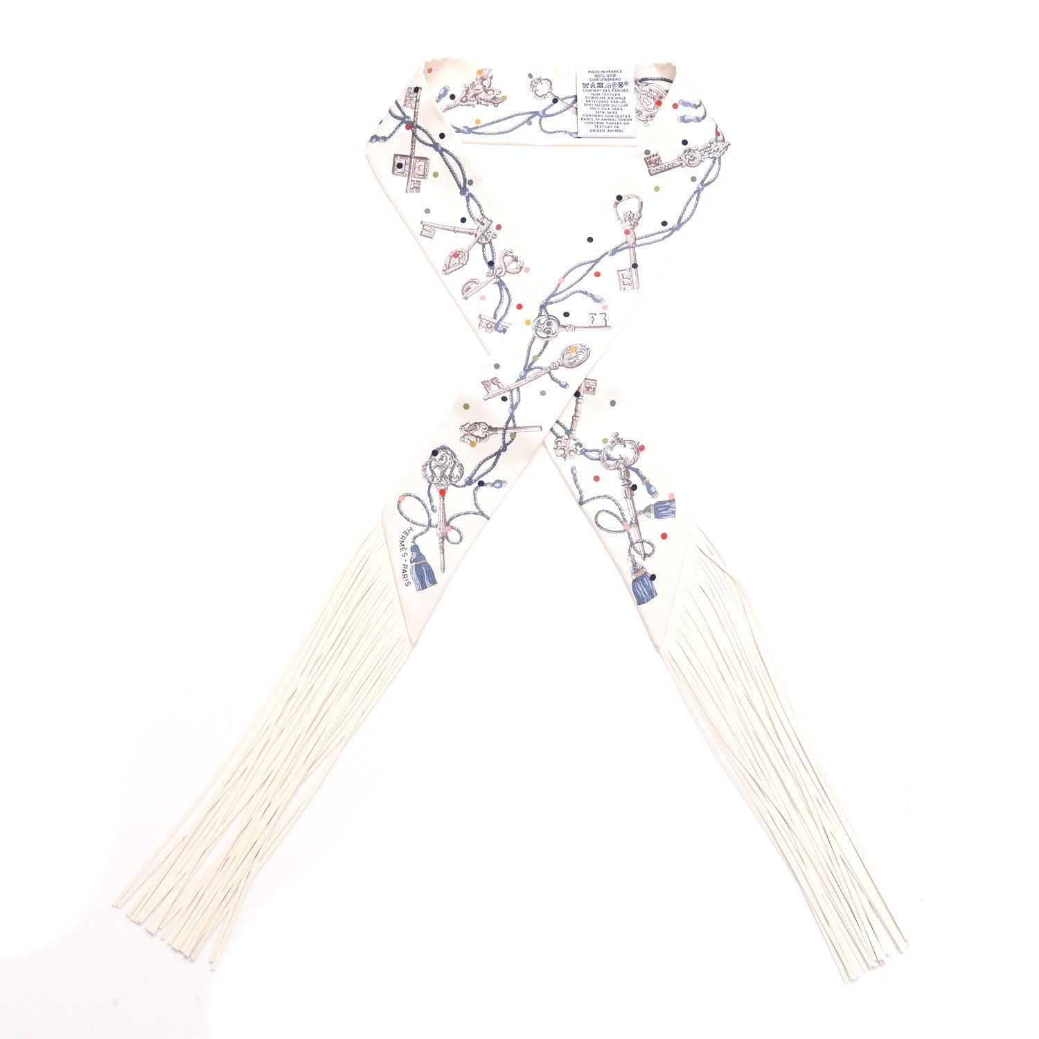 Silk Calfskin Les Cles A Pois Fringed Twilly Creme Gris Perle Multicolor