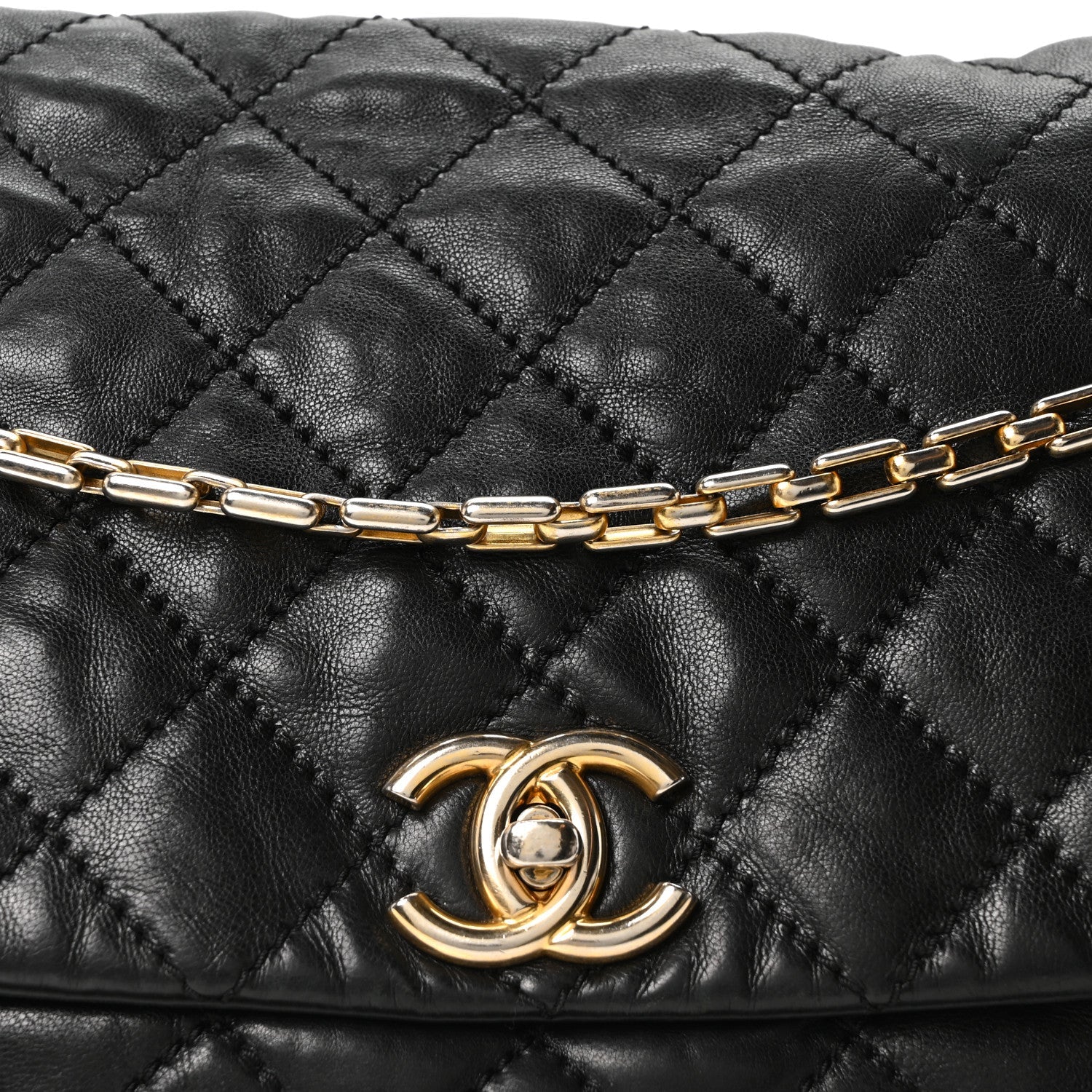 Aged Calfskin Quilted Accordion Flap Black