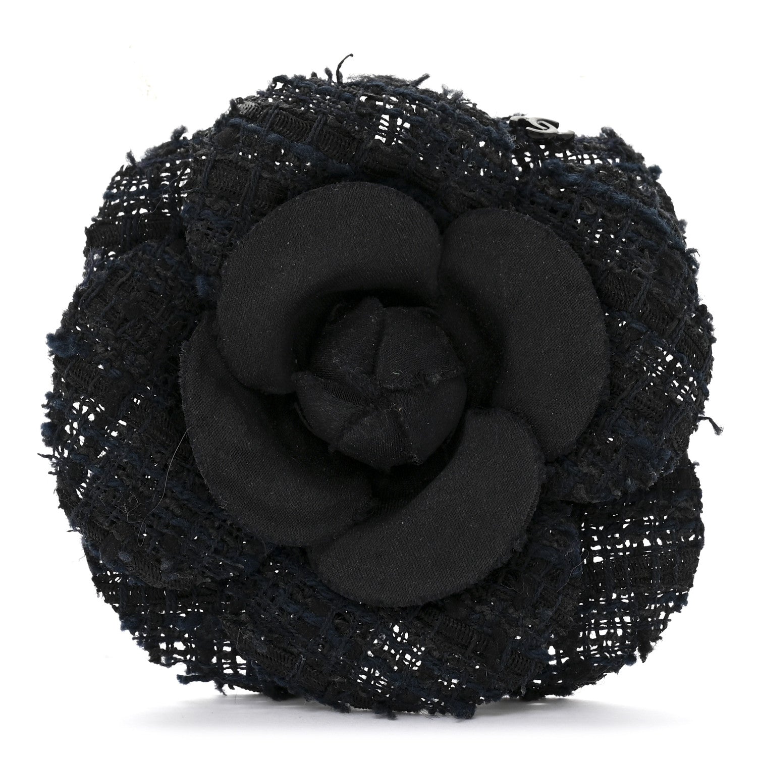 Tweed Camellia Pin Brooch Navy Blue