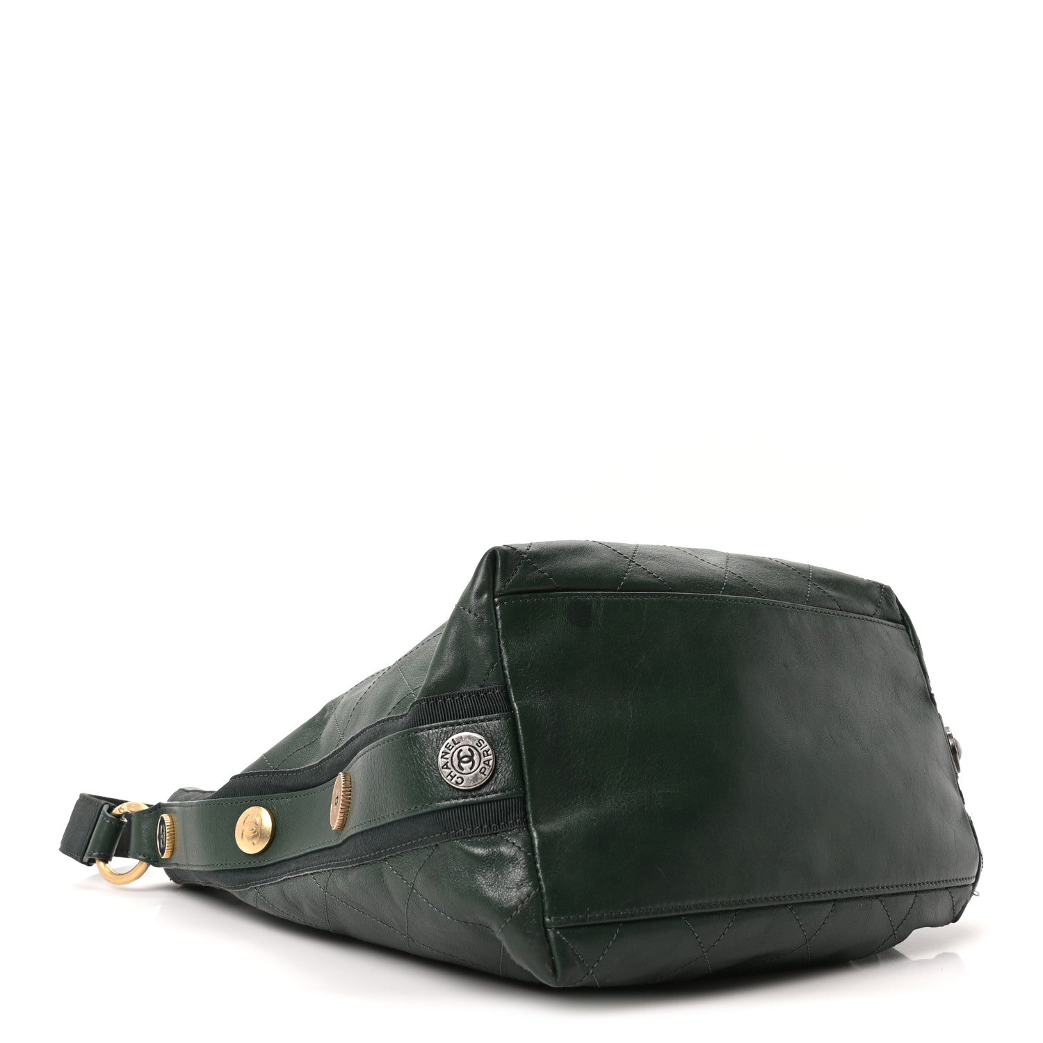 Calfskin Stitched Large Button Up Hobo Dark Green