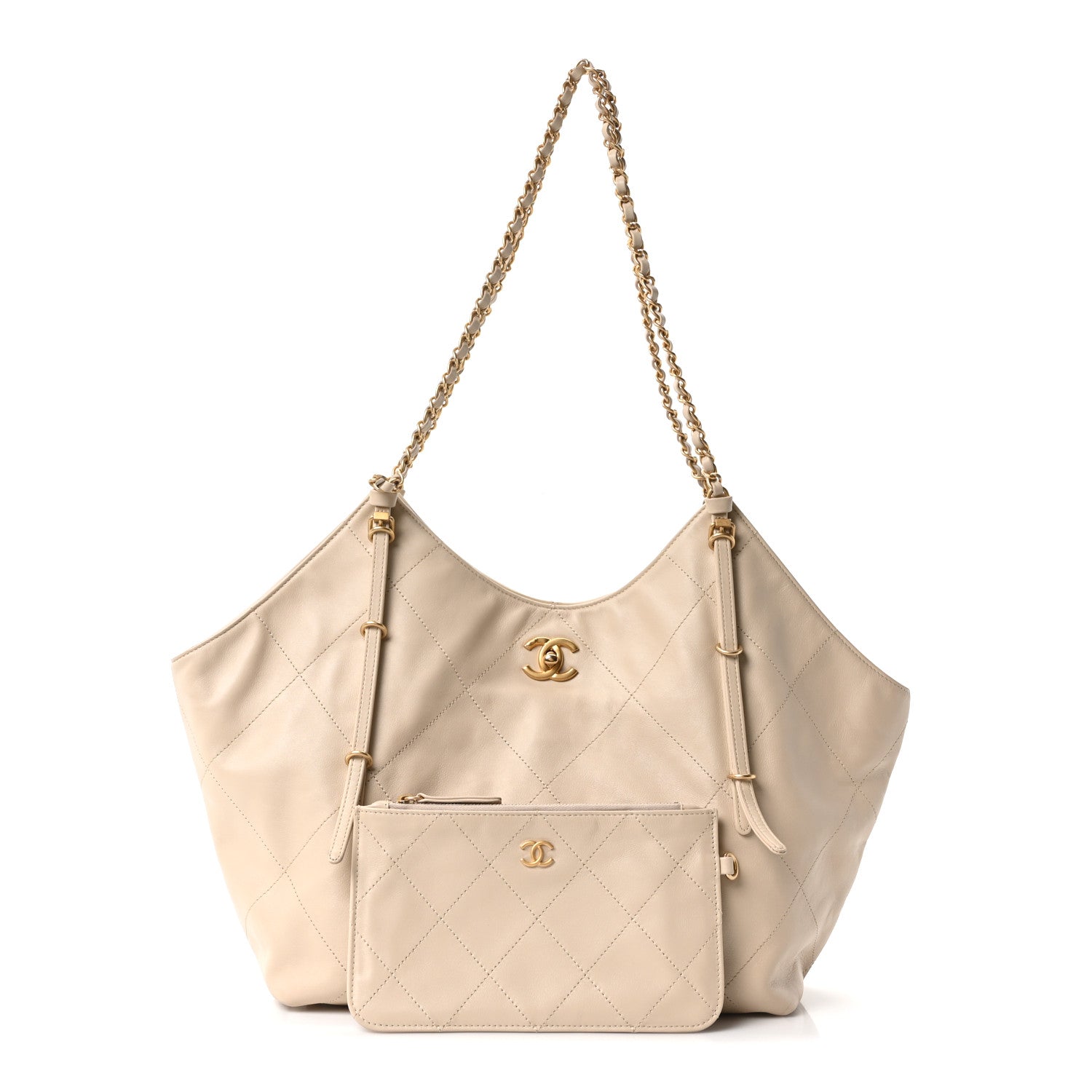 Calfskin Quilted Small Shopping Bag Beige