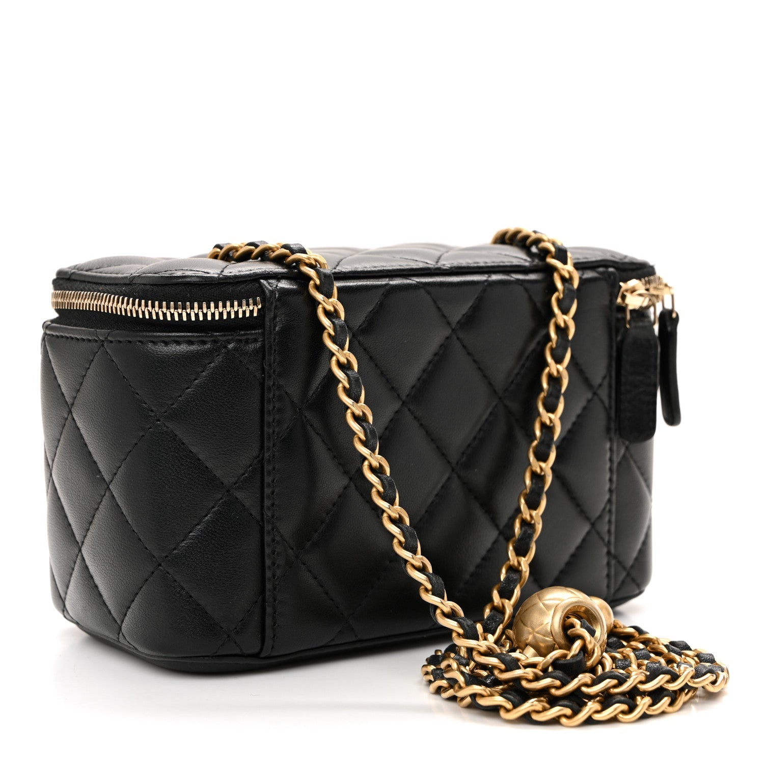 Lambskin Quilted Pearl Crush Small Vanity Case With Chain Black
