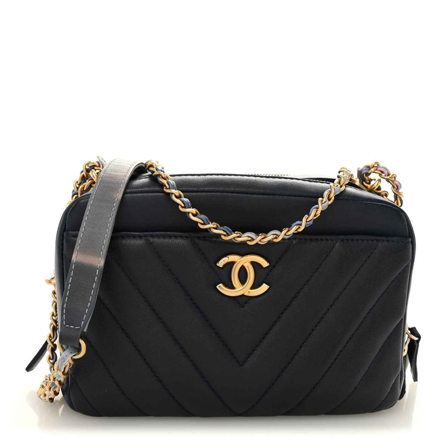 Lambskin Chevron Quilted Chain Around Camera Case Navy