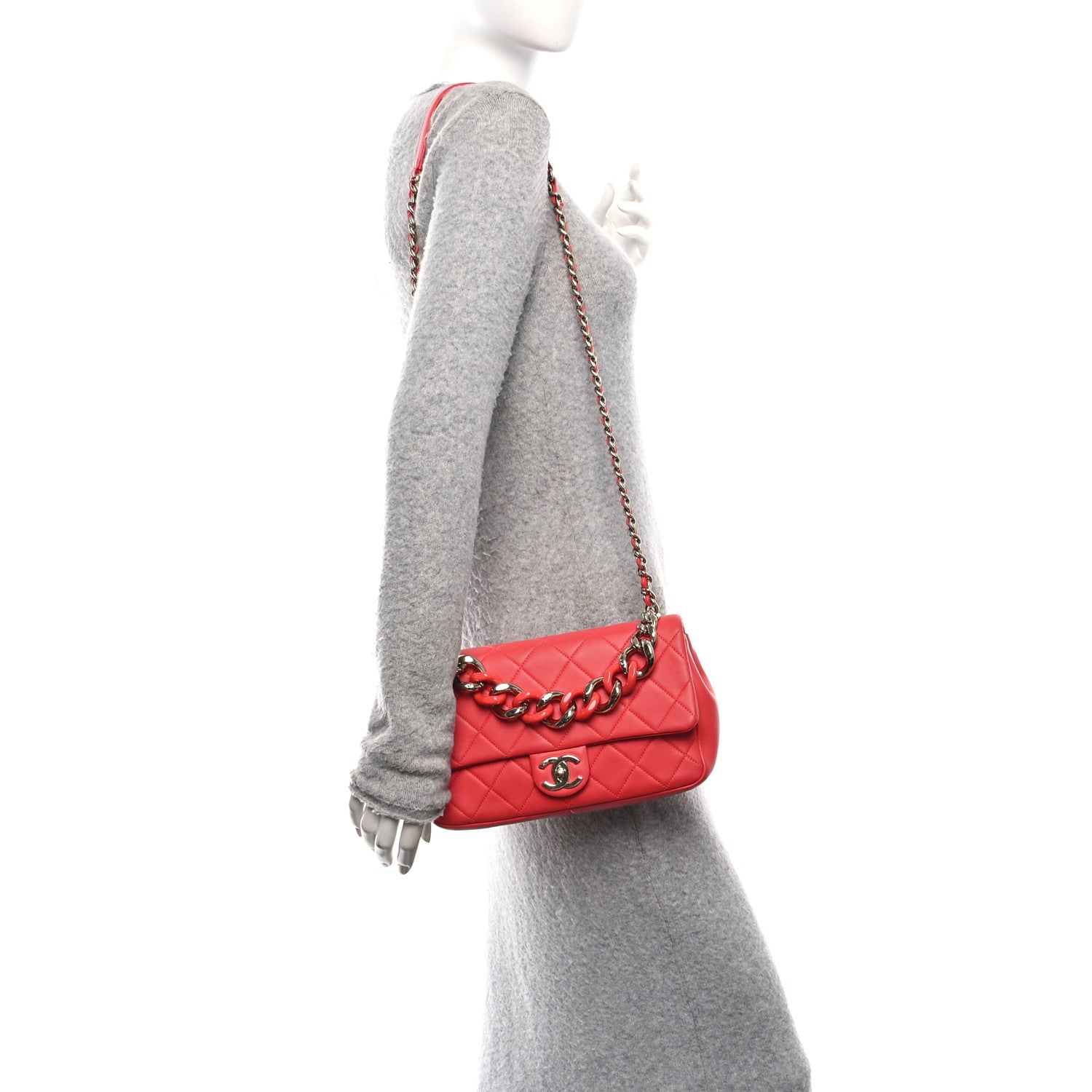 Lambskin Quilted Resin Bi-Color Chain Flap Bag Red