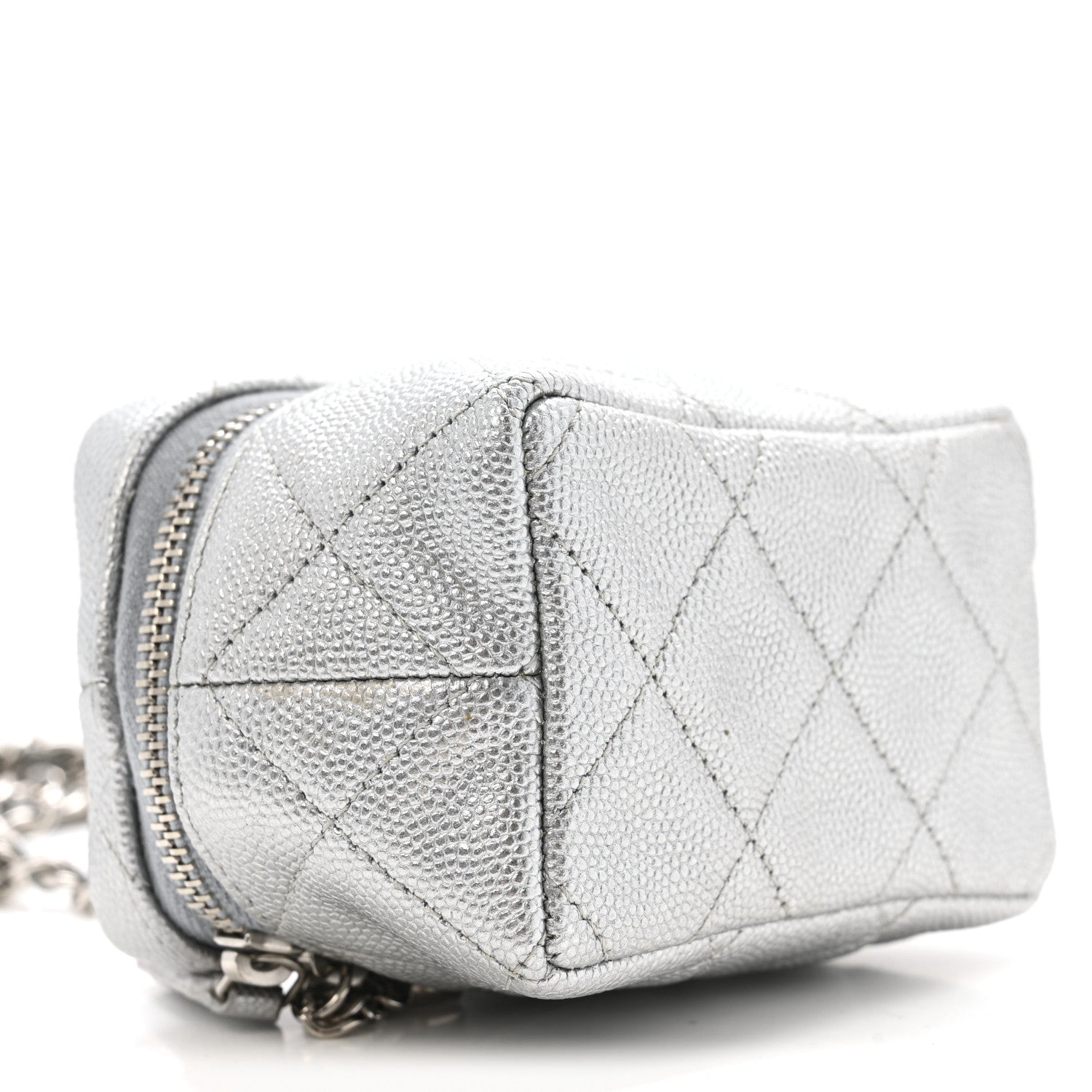 Metallic Caviar Quilted Mini Top Handle Vanity With Chain Silver
