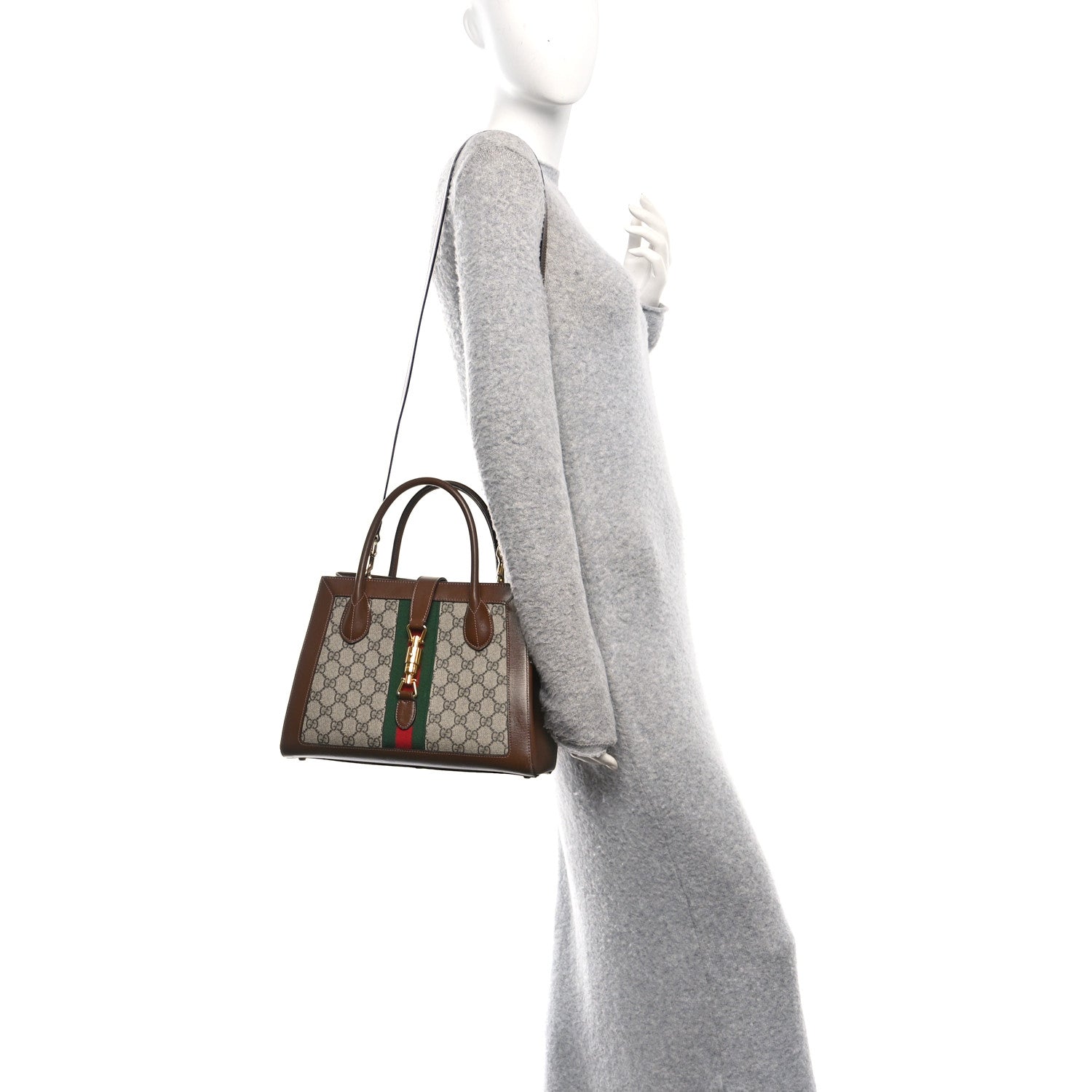 GG Supreme Monogram Azalea Calfskin Web Medium Jackie 1961 Tote Beige Ebony Brown Sugar