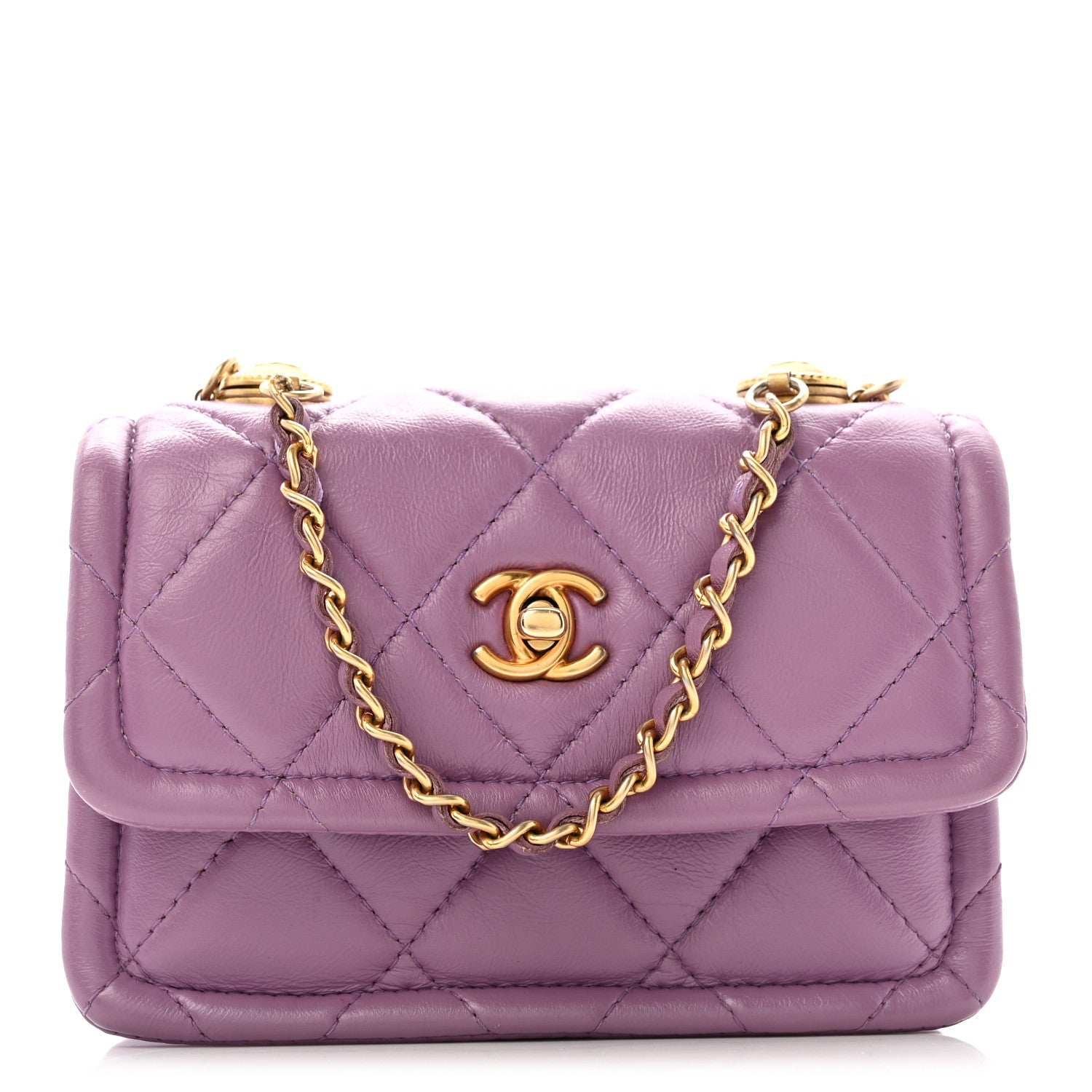 Shiny Lambskin Quilted Extra Mini Flap Purple