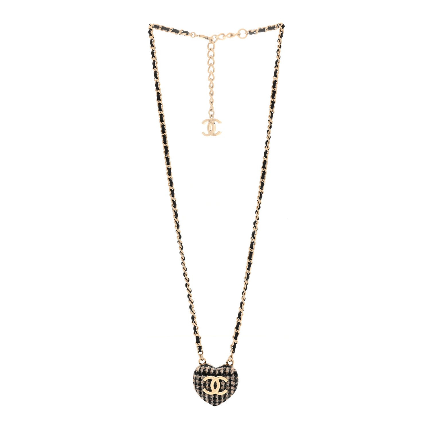 Tweed Lambskin CC Heart Locket Necklace Gold Black Beige