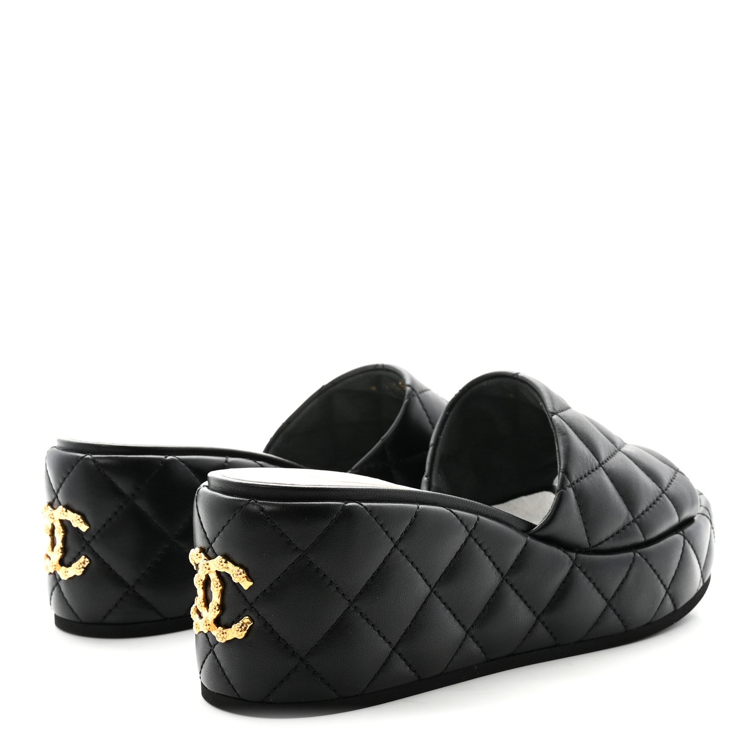 Lambskin Quilted Camelia CC Wedge Sandal Mules 38.5 Black