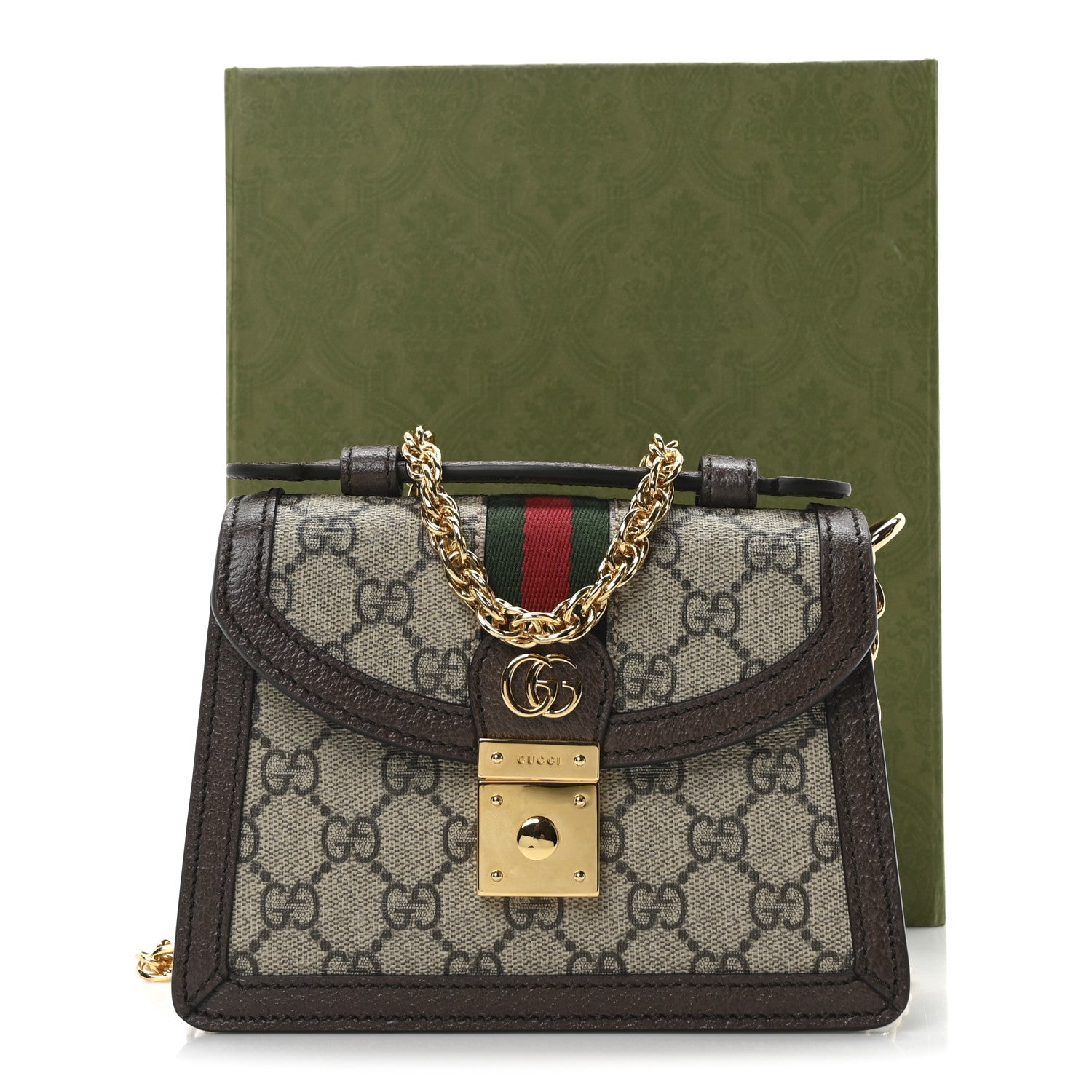 GG Supreme Monogram Textured Dollar Calfskin Web Mini Ophidia Padlock Top Handle Chain Shoulder Bag Beige Ebony New Acero