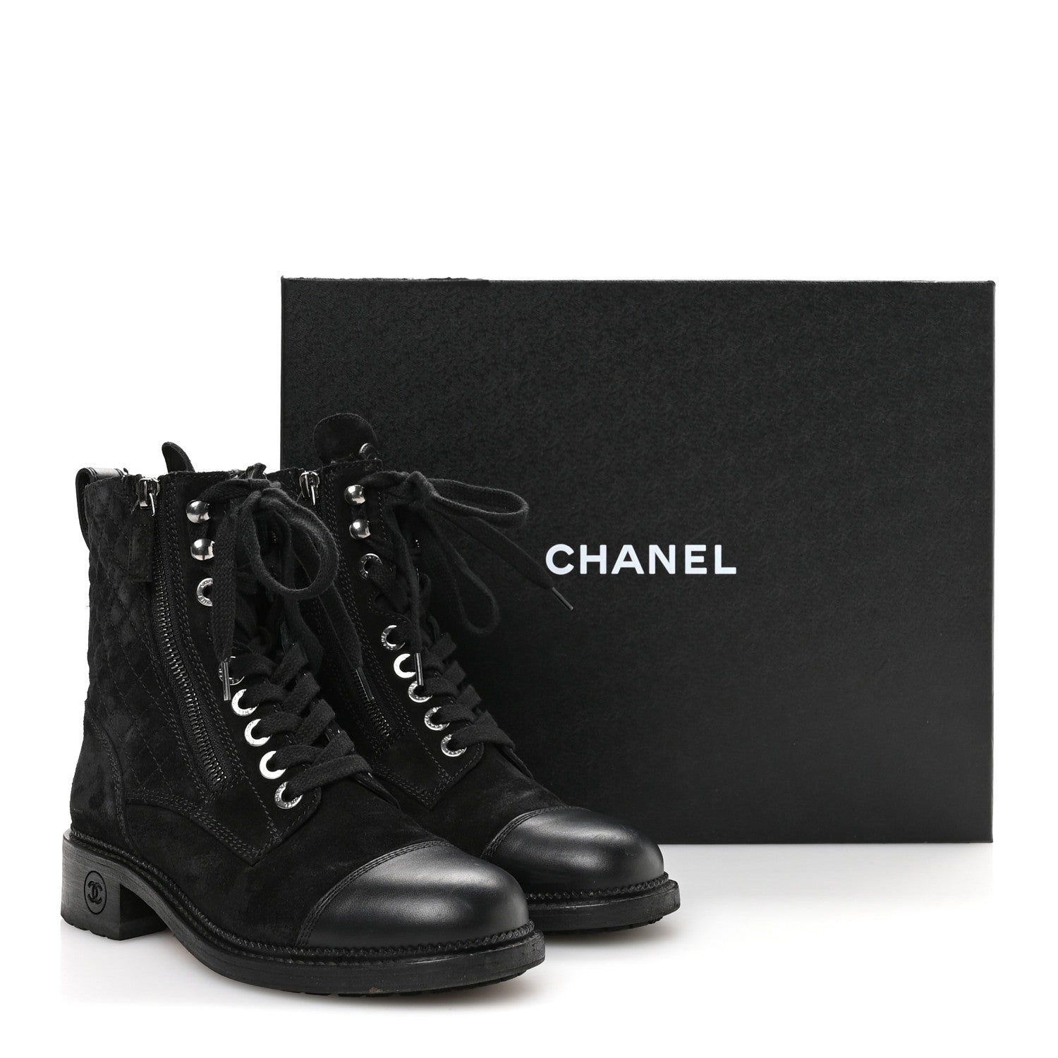 Suede Calfskin Quilted Lace Up Combat Boots 37 Black