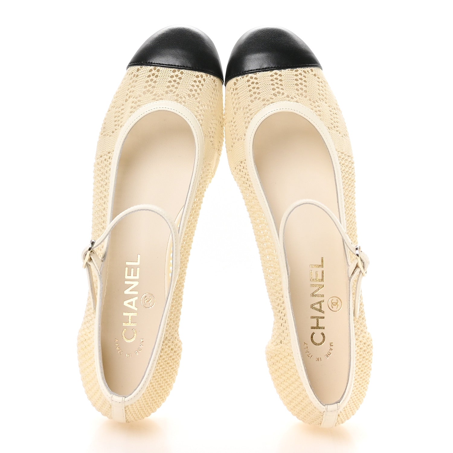Crochet Lambskin Cap Toe Mary Jane Flats 39 Natural Beige Black