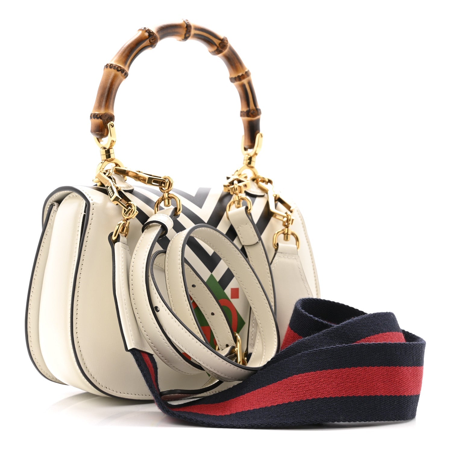 Calfskin Web Geometric Print Small Bamboo 1947 Top Handle Bag White Multicolor