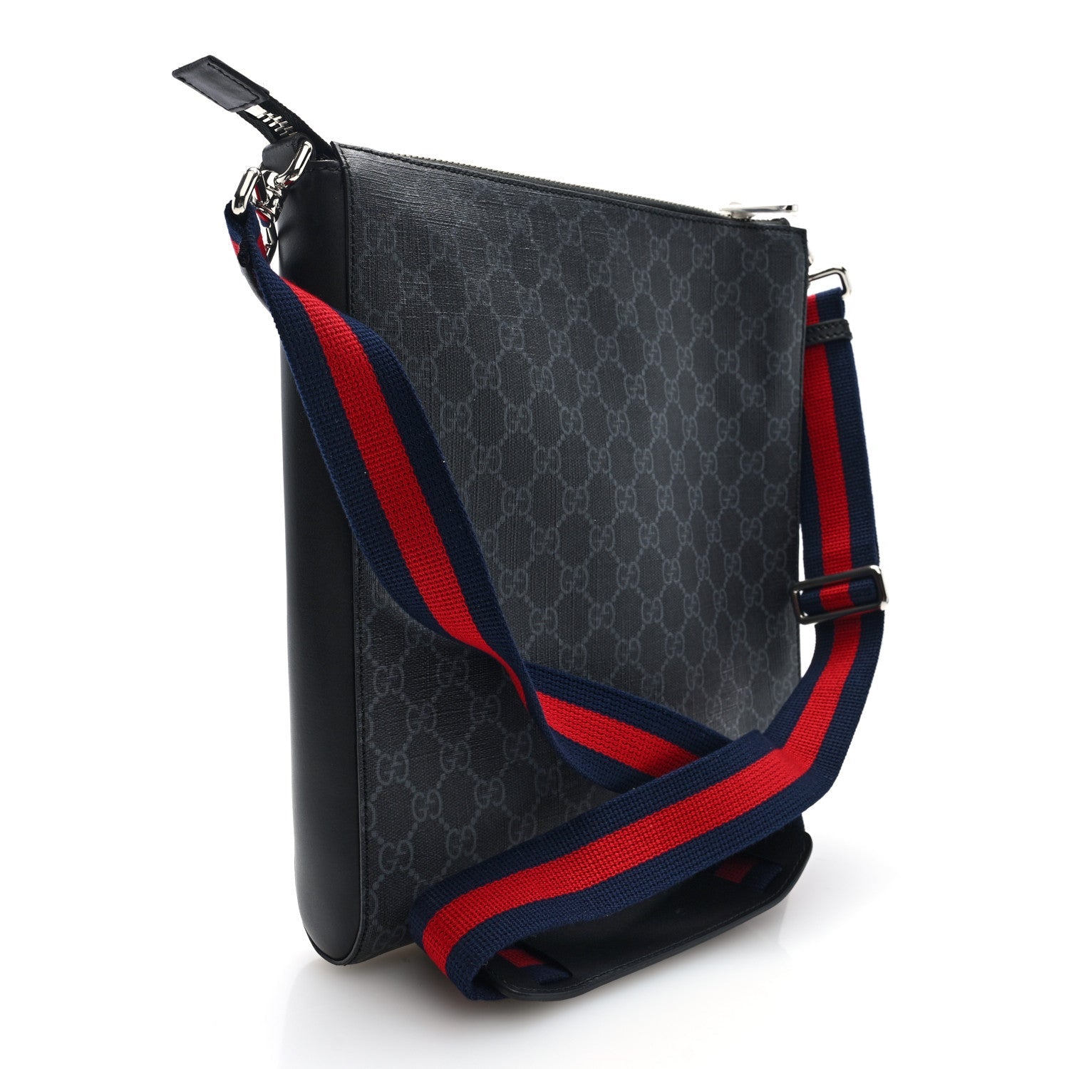 GG Supreme Monogram Appia Calfskin Web Flat Messenger Bag Black Grey