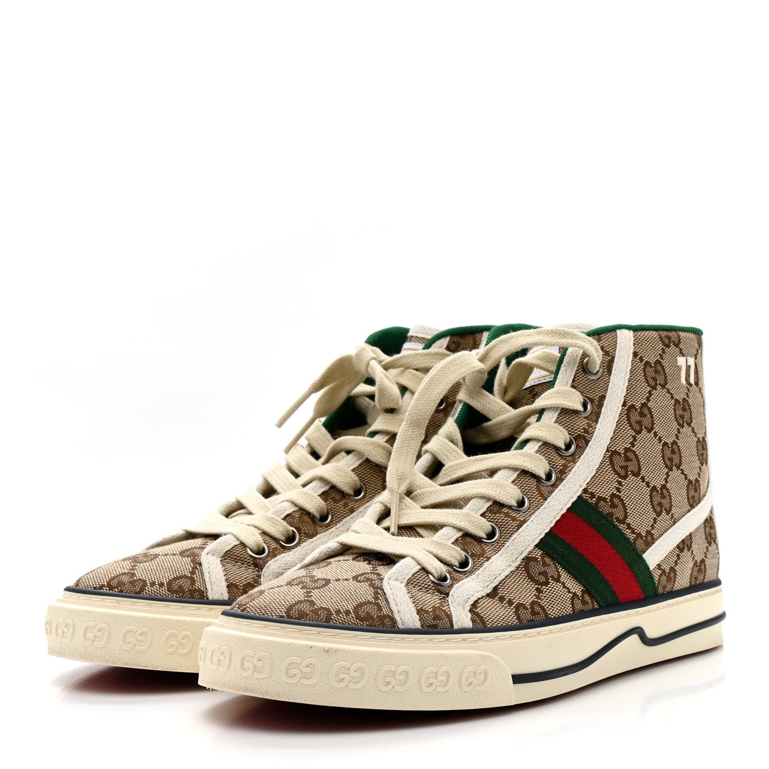 GG Monogram Web Womens 1977 Tennis High Top Sneakers 37.5 Beige Ebony Mystic White