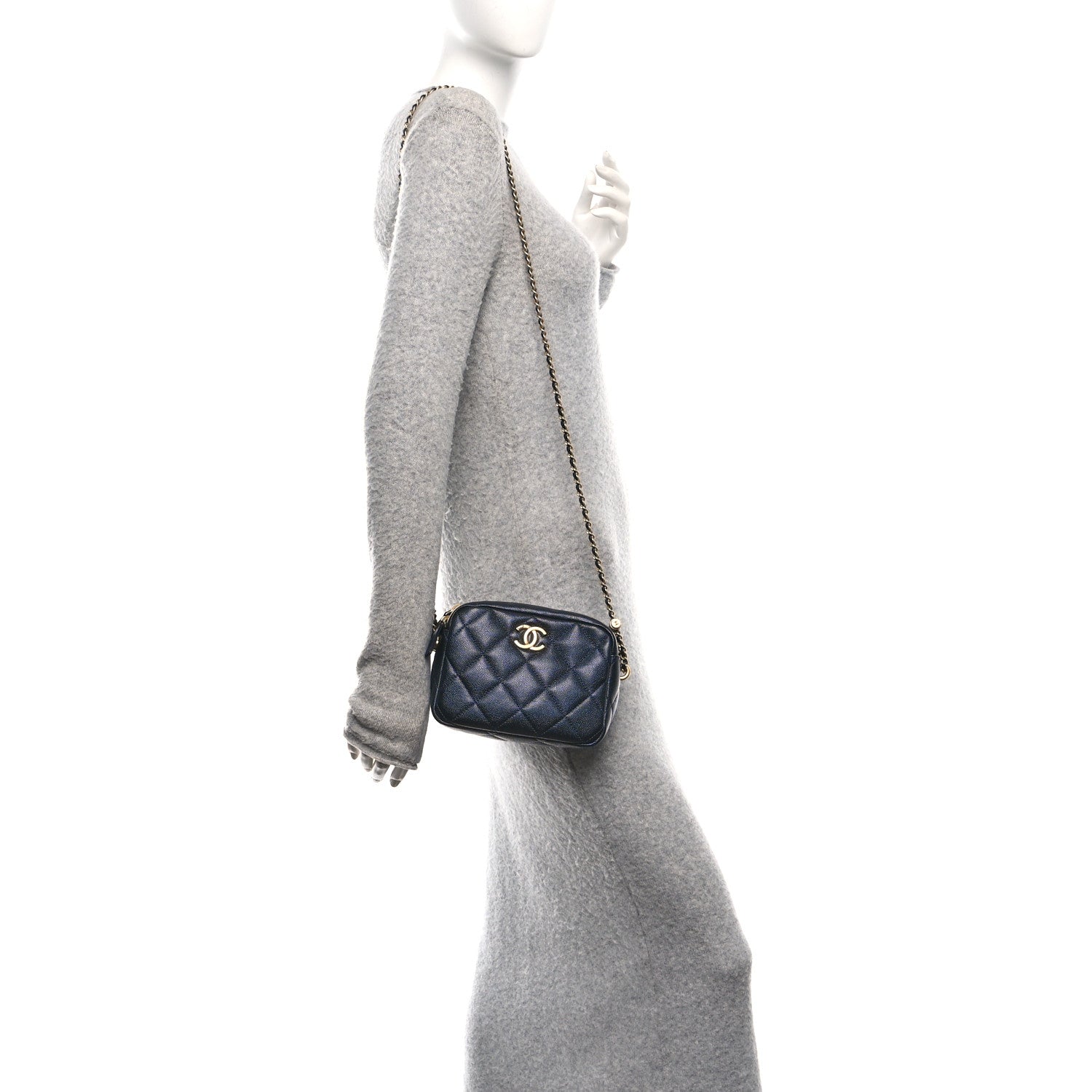 Shiny Caviar Quilted Chain Melody Camera Bag Dark Blue