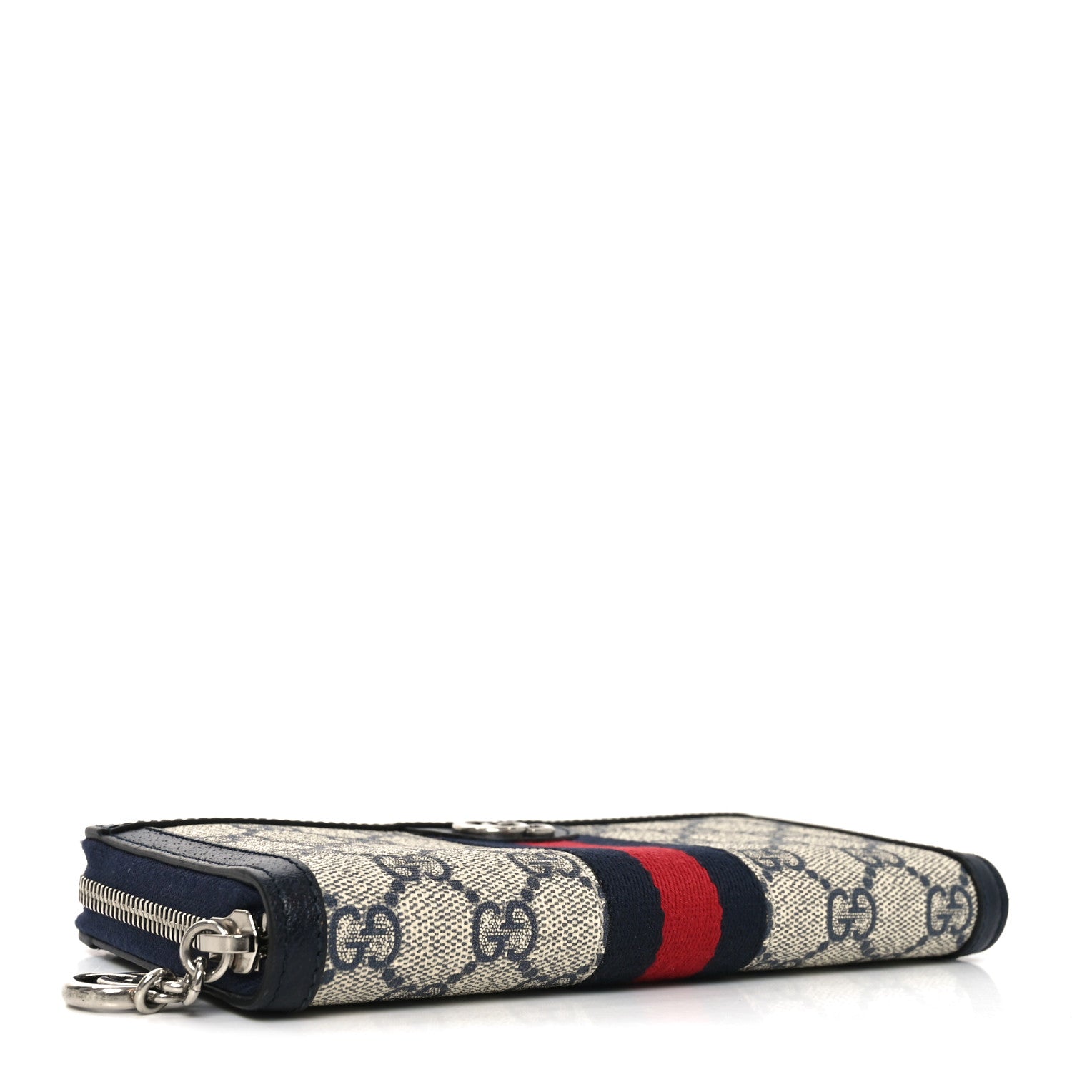 GG Supreme Monogram Textured Dollar Calfskin Web Ophidia Zip Around Wallet Beige Blue
