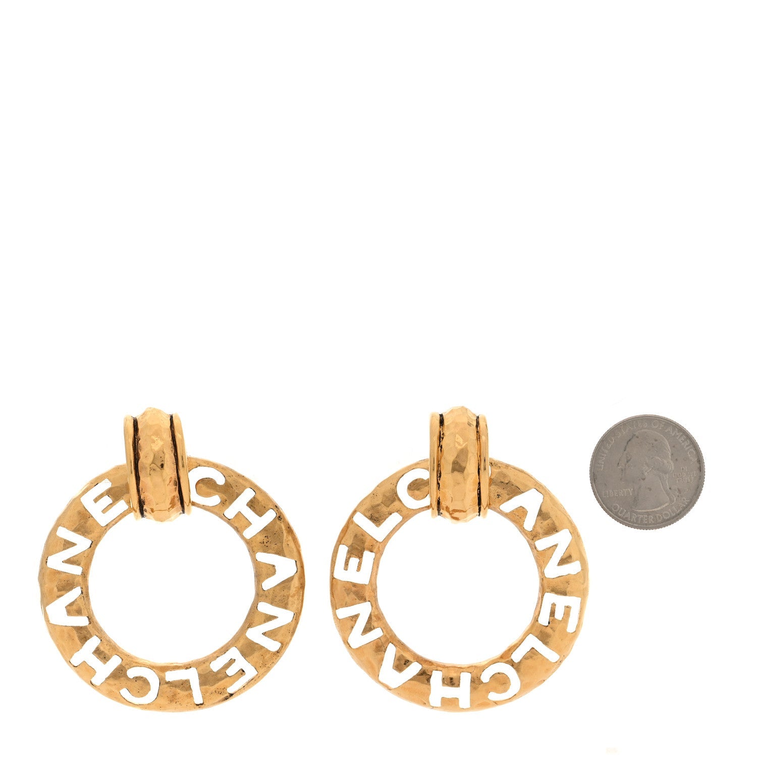 Hammered Metal Logo Cut Out Door Knocker Clip On Earrings Gold
