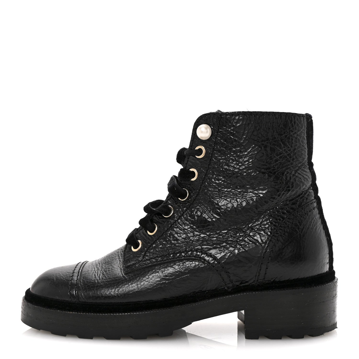 Shiny Calfskin Velvet Pearl Combat Short Boots 36 Black