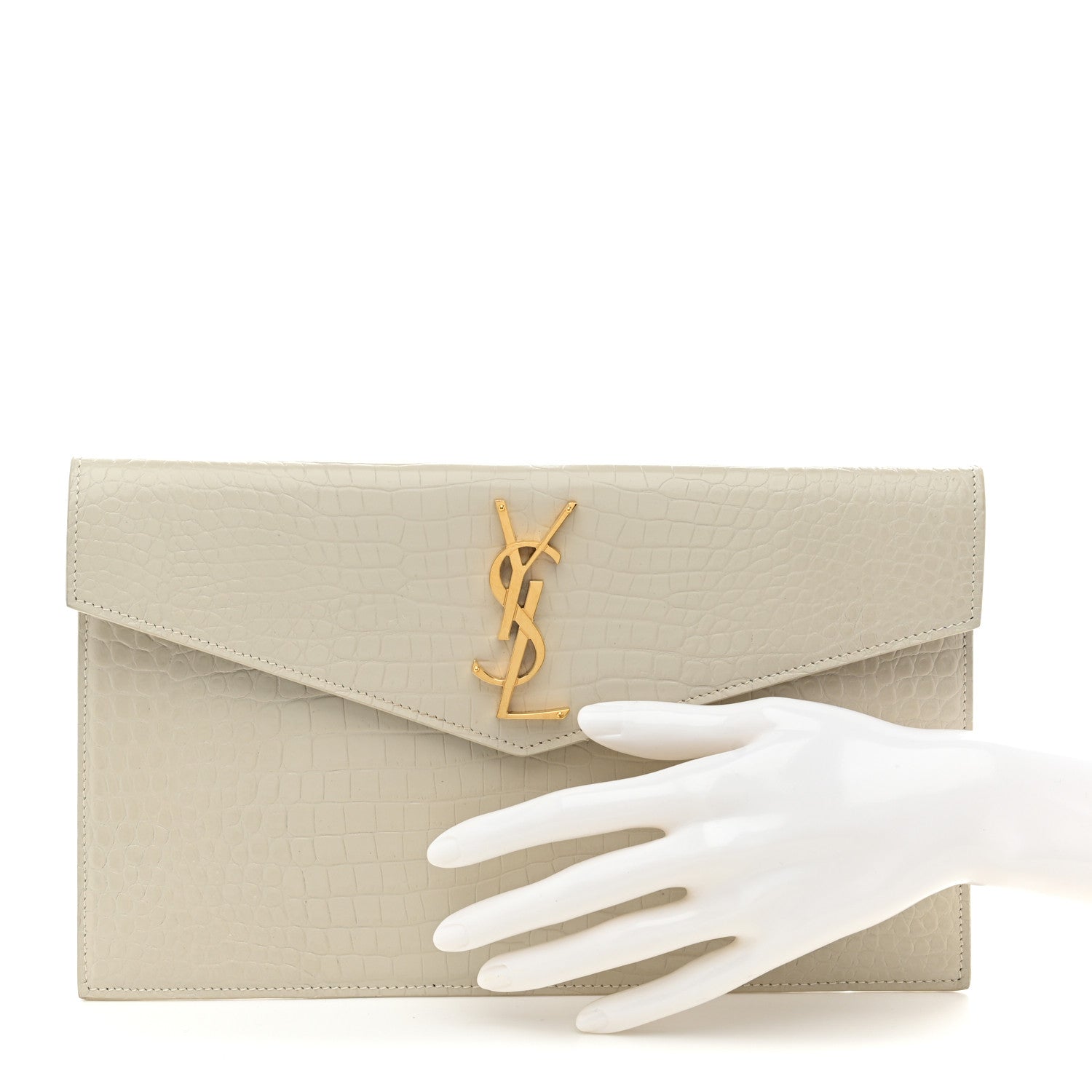Calfskin Crocodile Embossed Uptown Monogram Pouch Crema Soft