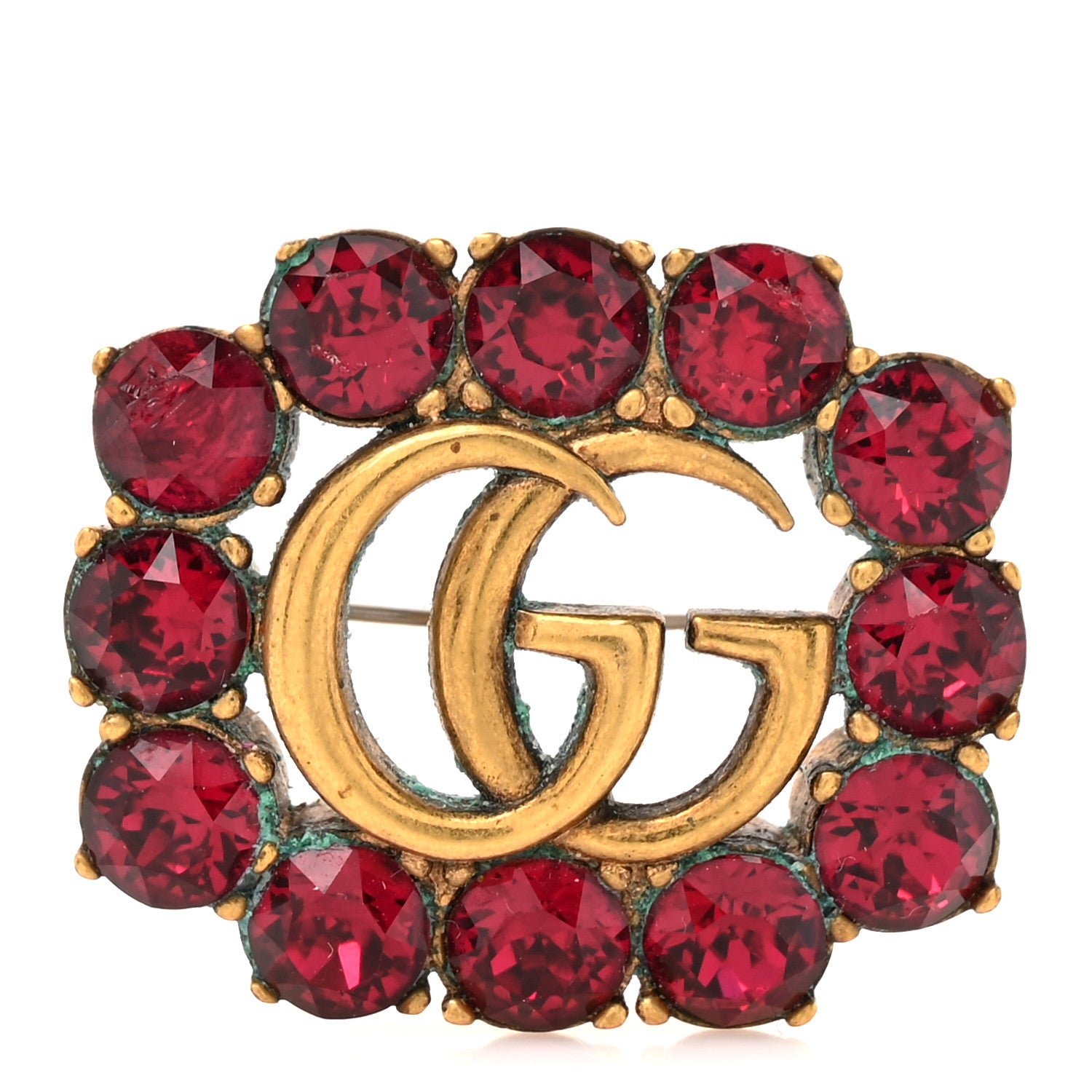 Metal Crystal Double G Brooch Aged Gold Red