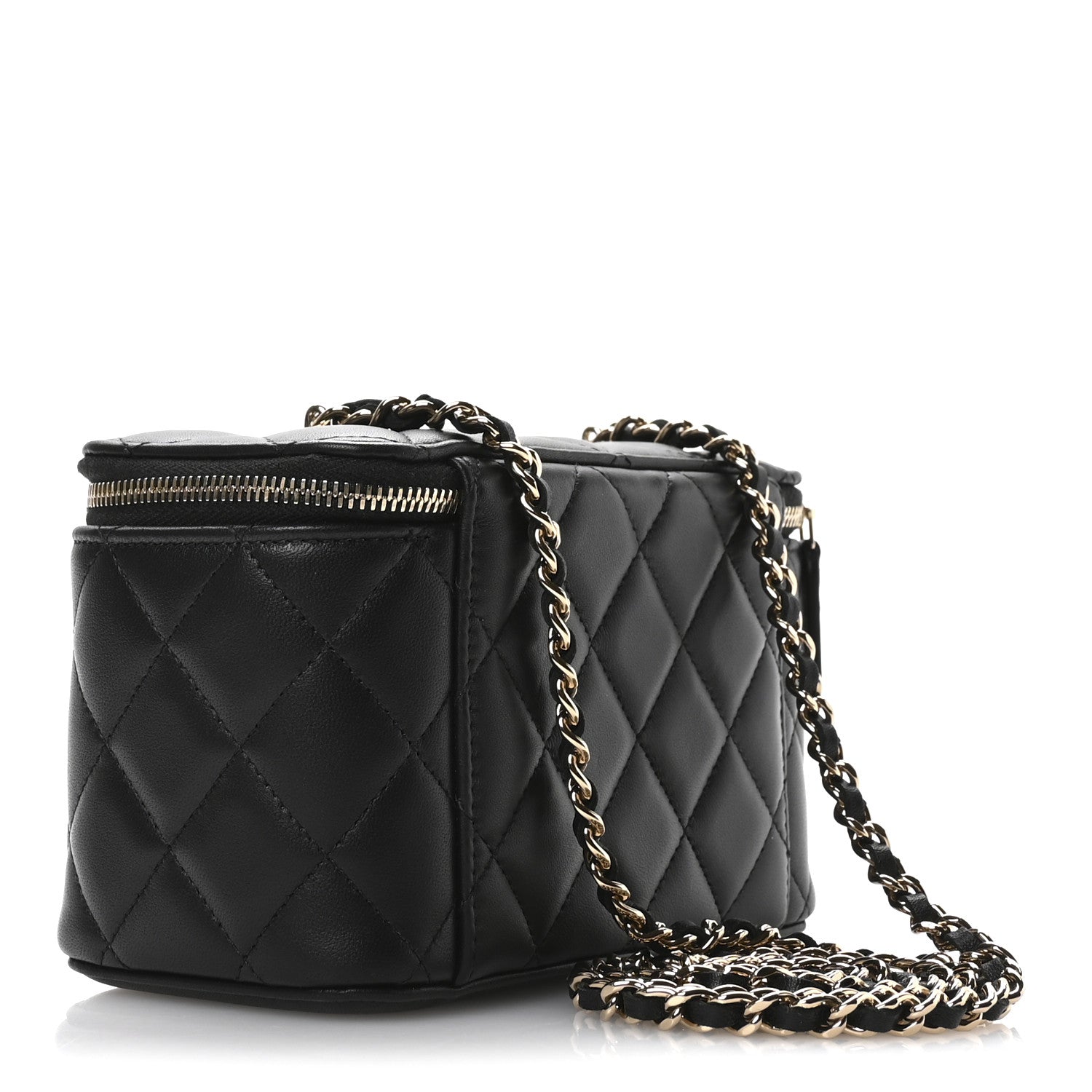 Lambskin Enamel Quilted Roller Skate Small Vanity Case With Chain Black