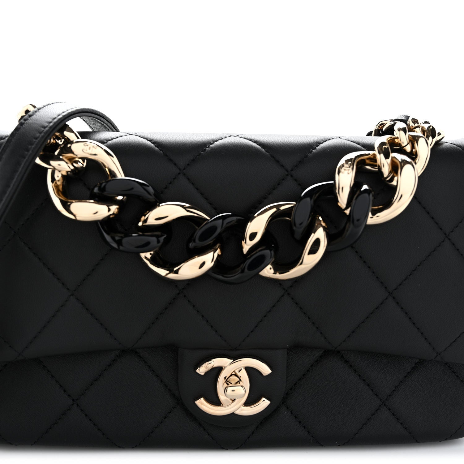 Lambskin Quilted Resin Bi-Color Chain Flap Bag Black