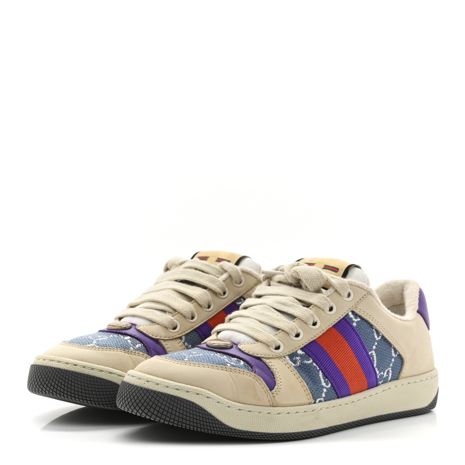 Calfskin Lame GG Monogram Web Womens Screener Sneakers 37.5 Blue Silver Dusty Milk Shine Purple
