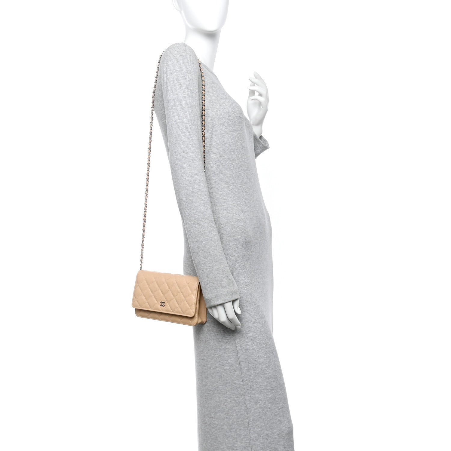 Caviar Quilted Wallet on Chain WOC Beige