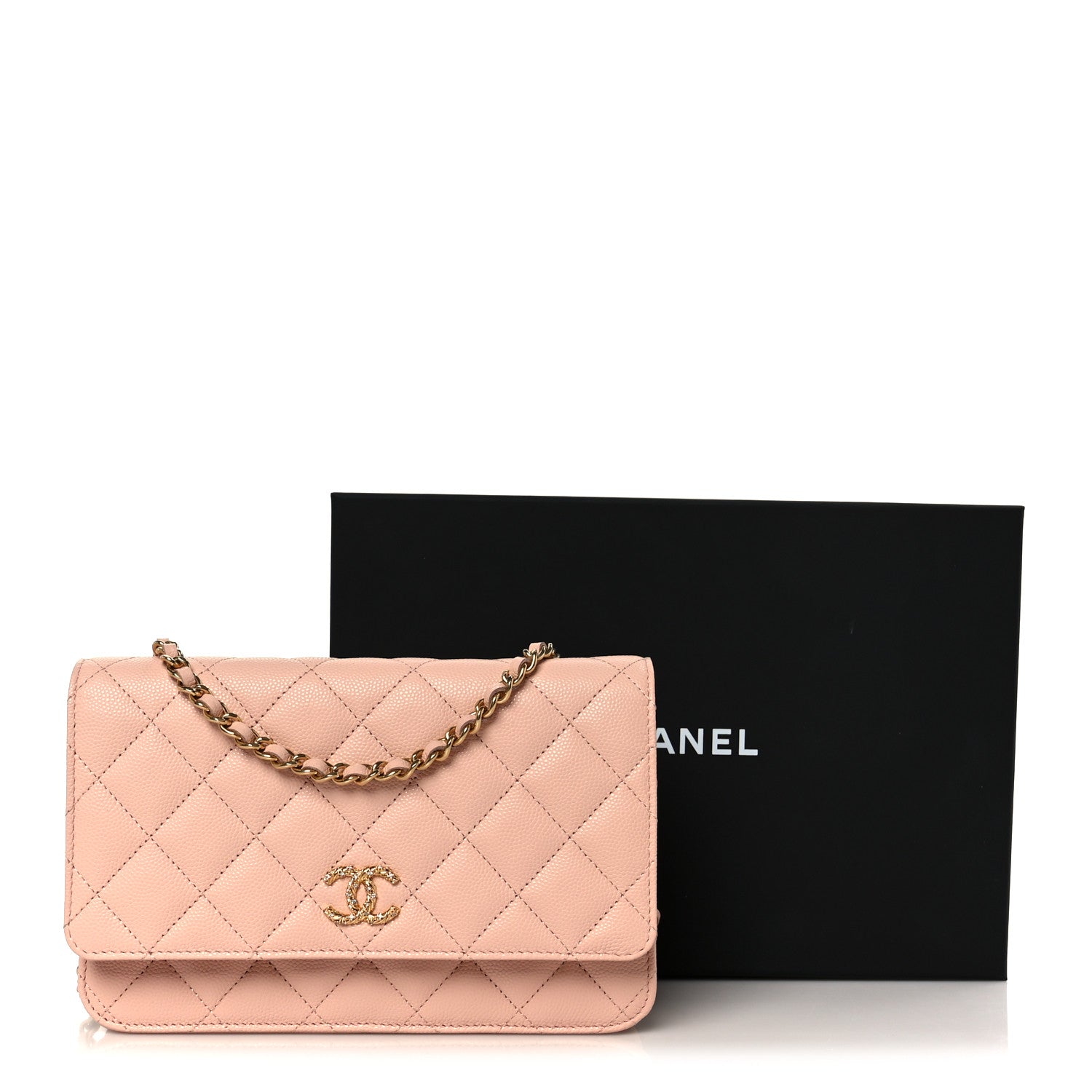 Grained Calfskin Quilted Strass CC Wallet On Chain WOC Light Pink