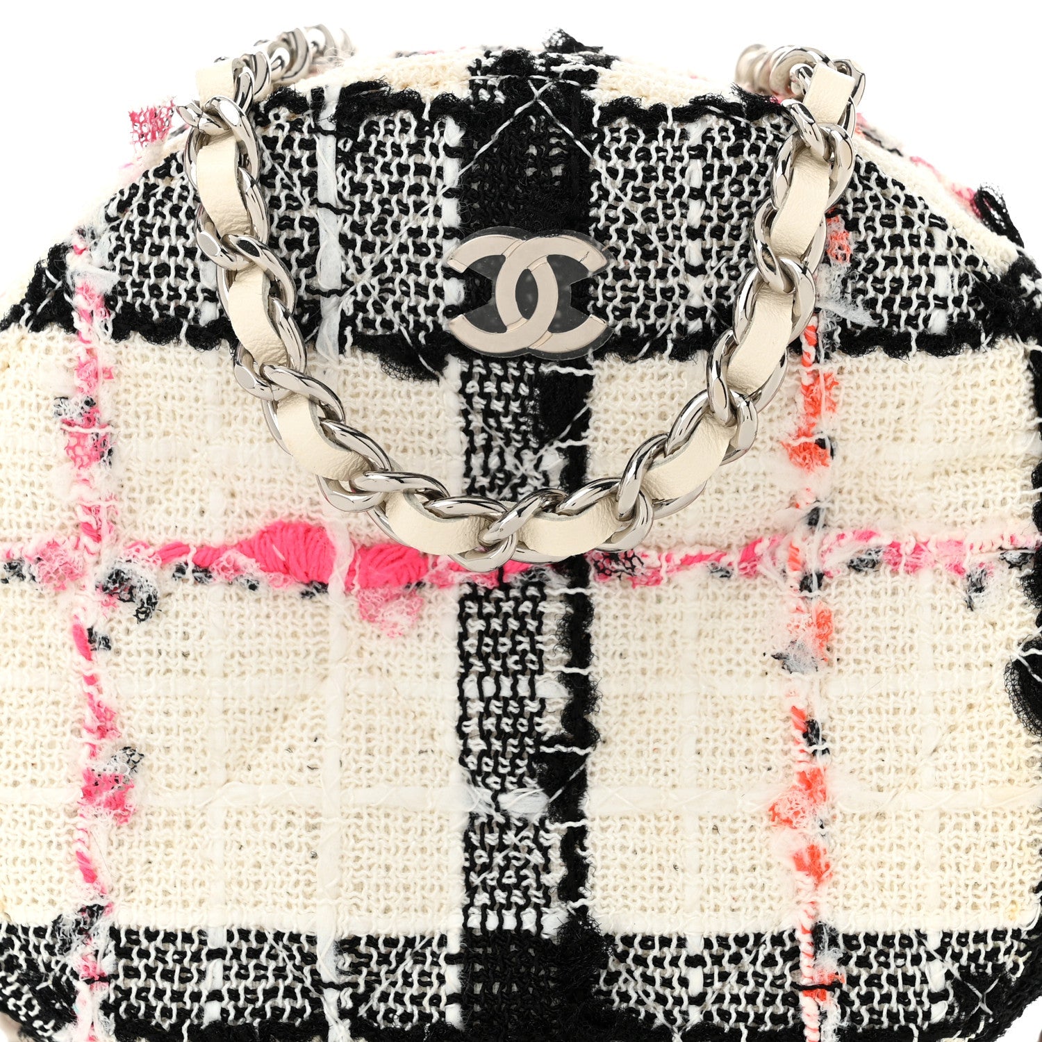 Tweed Quilted Round Clutch With Chain Black White Multicolor