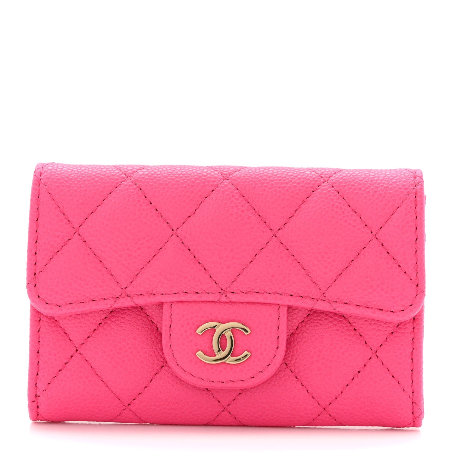 Caviar Quilted Flap Card Holder Wallet Pink