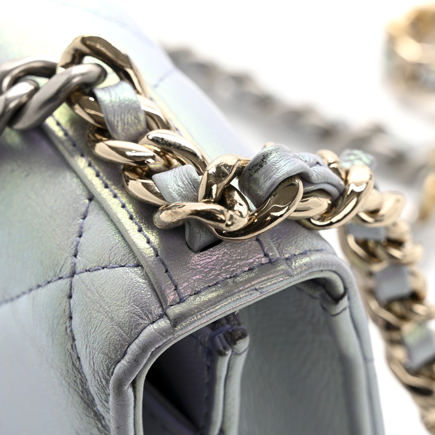 Iridescent Calfskin Quilted Chanel 19 Wallet On Chain WOC Light Purple