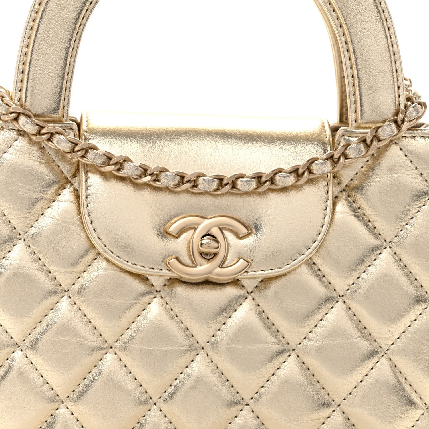 Metallic Shiny Aged Calfskin Quilted Nano Kelly Shopper Gold