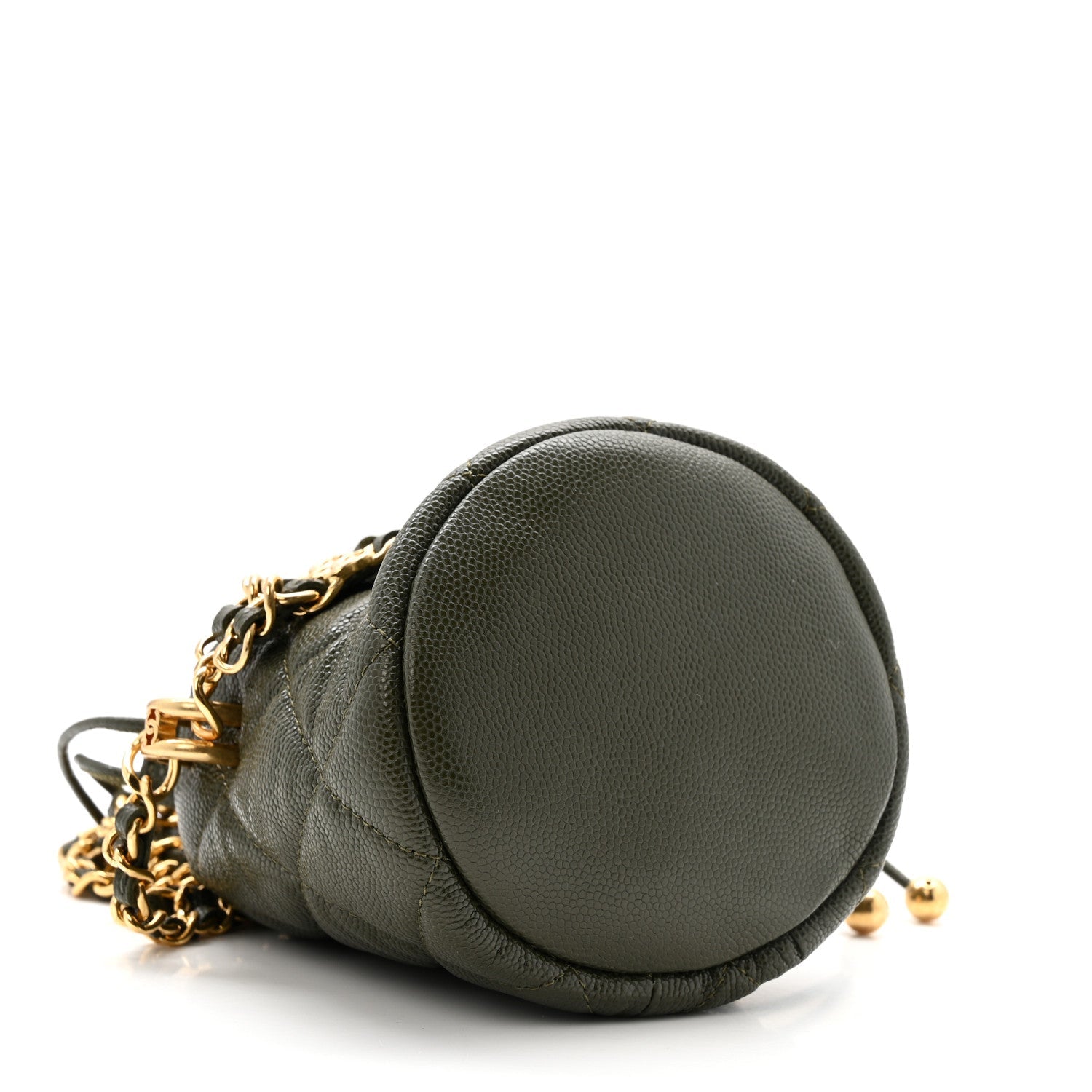 Caviar Quilted Coco First Bucket Clutch With Chain Khaki