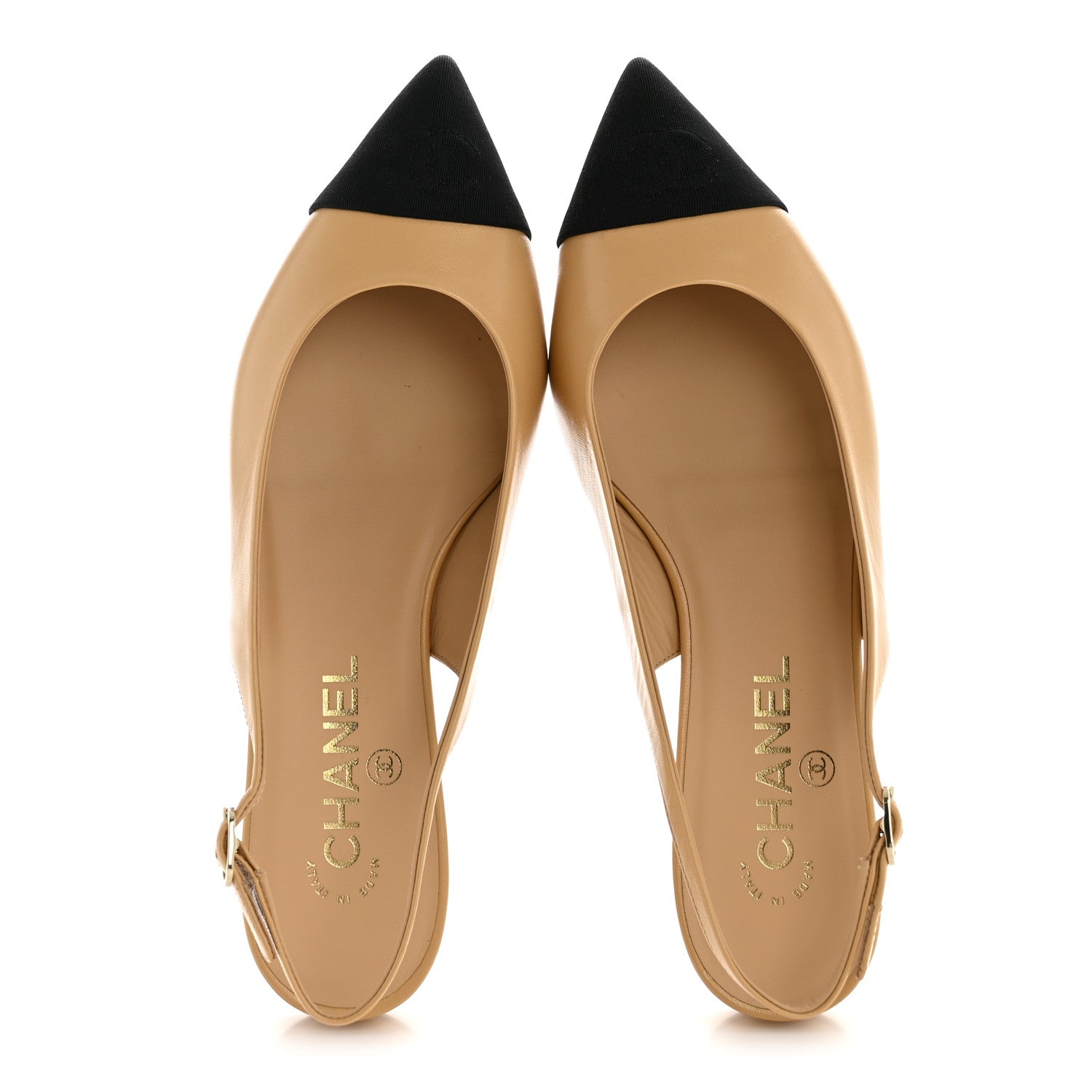 Goatskin Grosgrain Pointed Toe CC Slingback Flats 37.5 Beige Black