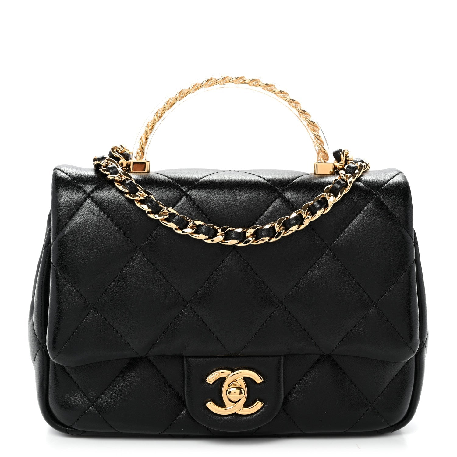 Lambskin Resin Quilted Top Handle Flap Black